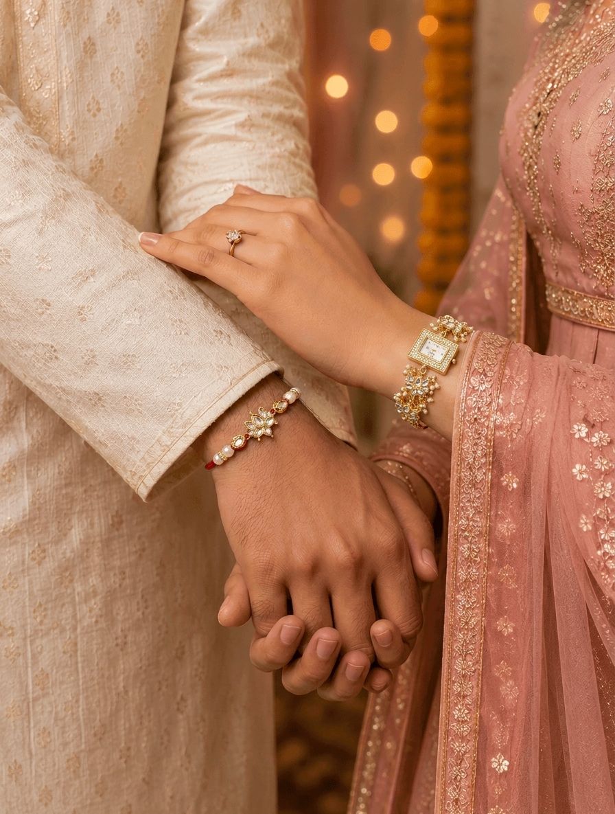 kashmiri pearl watch with yellow kundan couple rakhi for bhaiya bhabhi