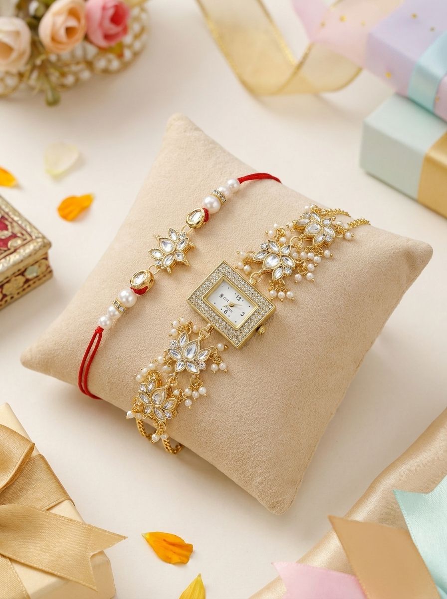 kashmiri pearl watch with yellow kundan couple rakhi for bhaiya bhabhi