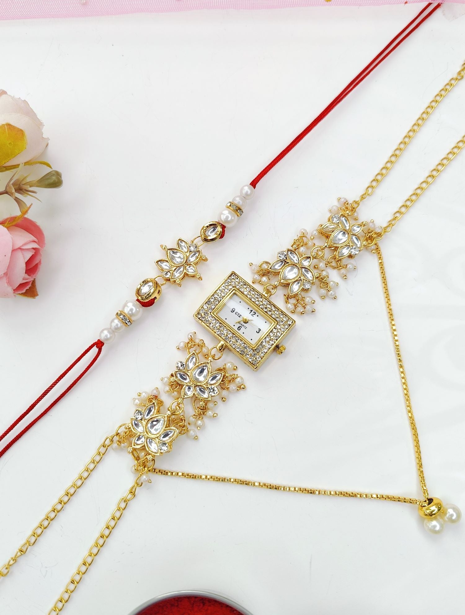 kashmiri pearl watch with yellow kundan couple rakhi for bhaiya bhabhi