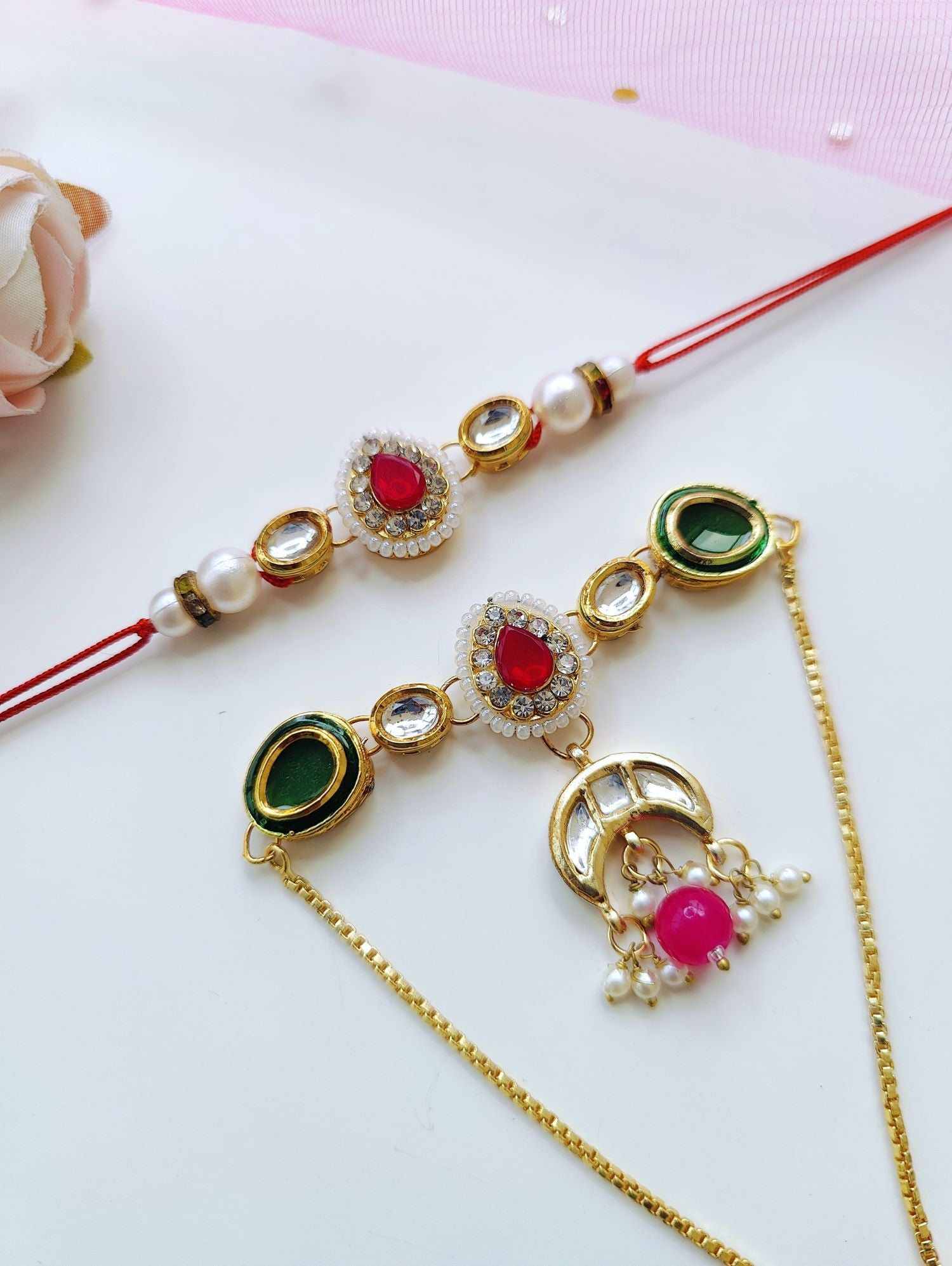 Handmade Kundan Bhaiya Bhabhi Rakhi set with pearl beads, traditional lumba rakhi for bhabhi, 2026 Raksha Bandhan