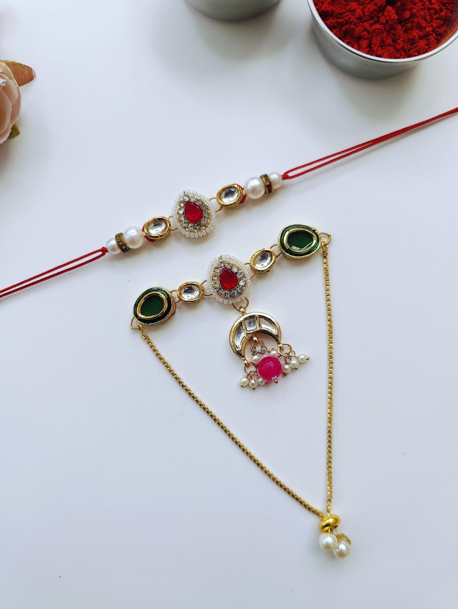 Handmade Kundan Bhaiya Bhabhi Rakhi set with pearl beads, traditional lumba rakhi for bhabhi, 2026 Raksha Bandhan