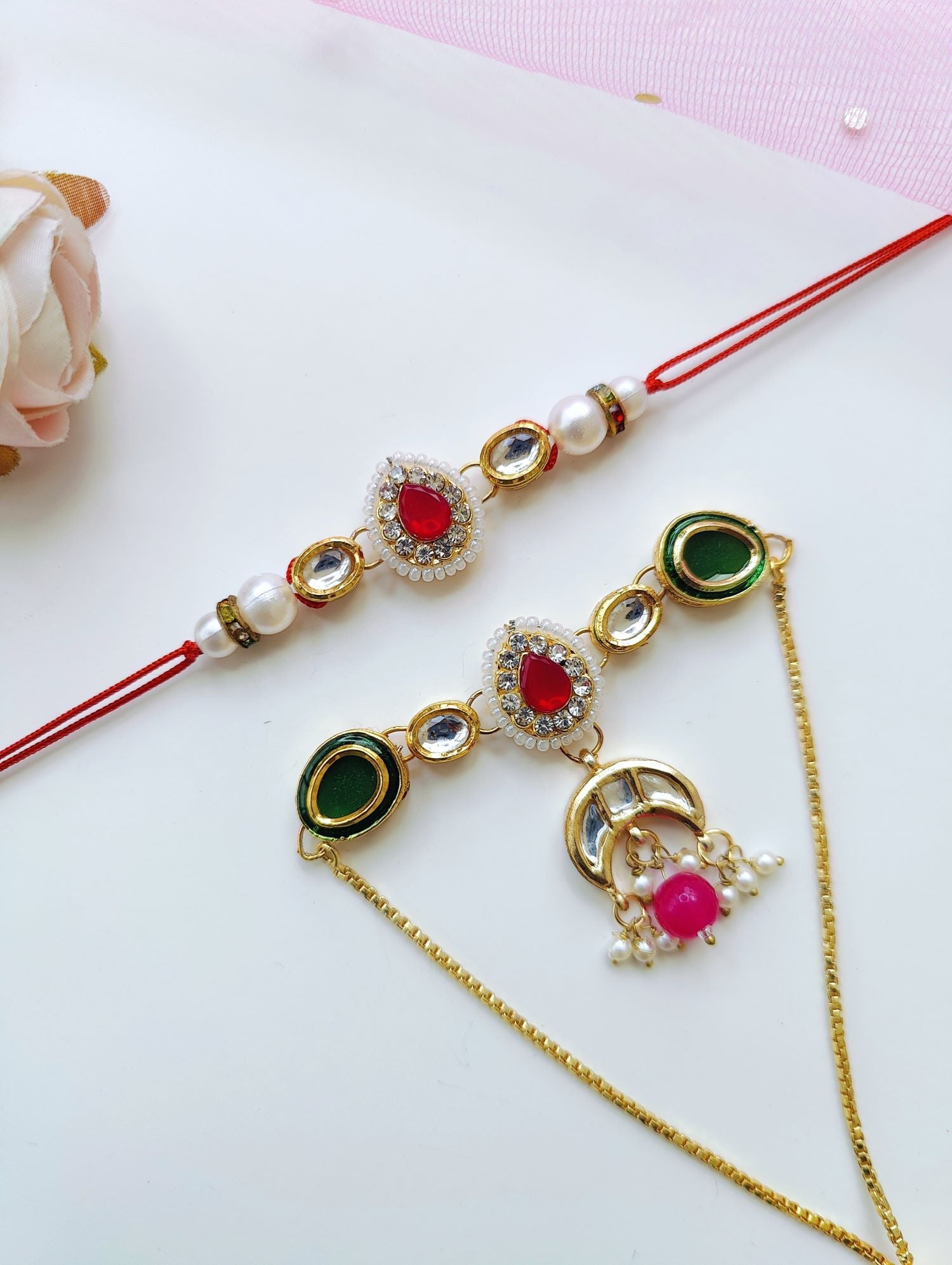 Handmade Kundan Bhaiya Bhabhi Rakhi set with pearl beads, traditional lumba rakhi for bhabhi, 2026 Raksha Bandhan