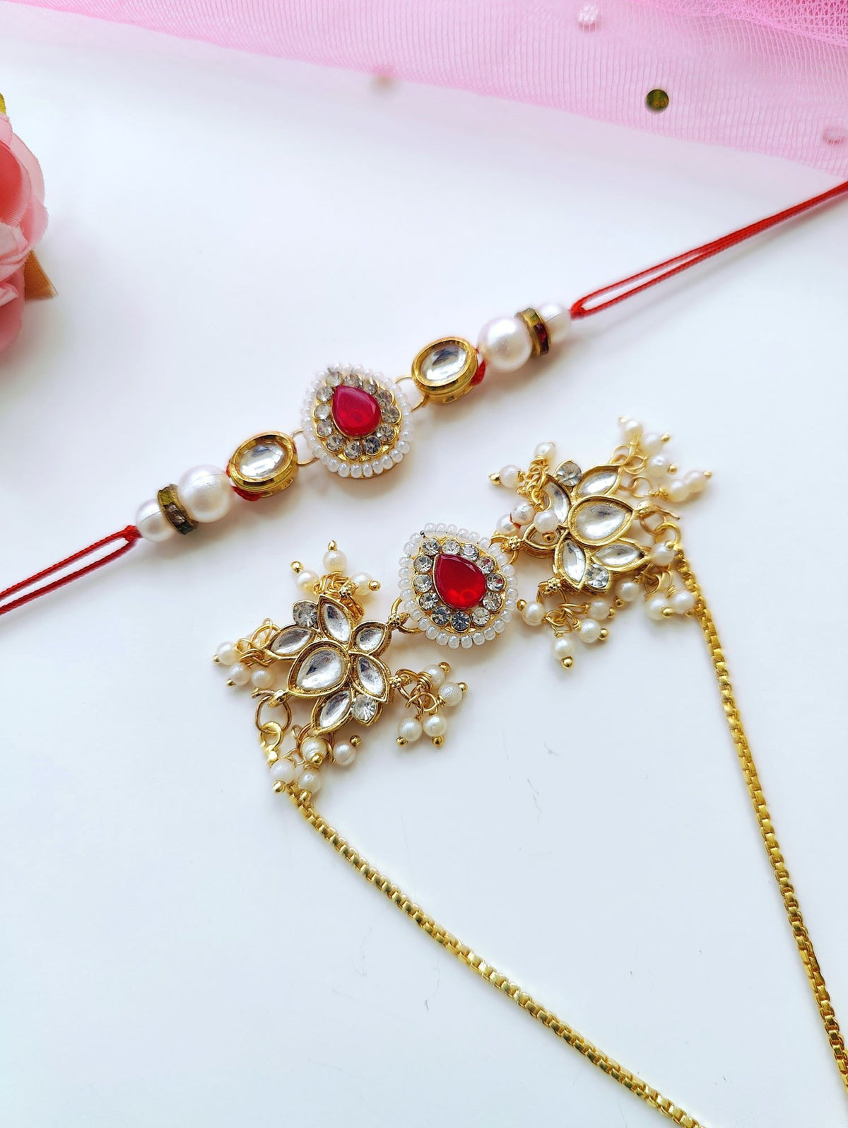 Traditional Bhaiya Bhabhi Rakhi set with Kundan, Pearl Beads and lumba rakhi for bhabhi, handmade for Raksha Bandhan 2026