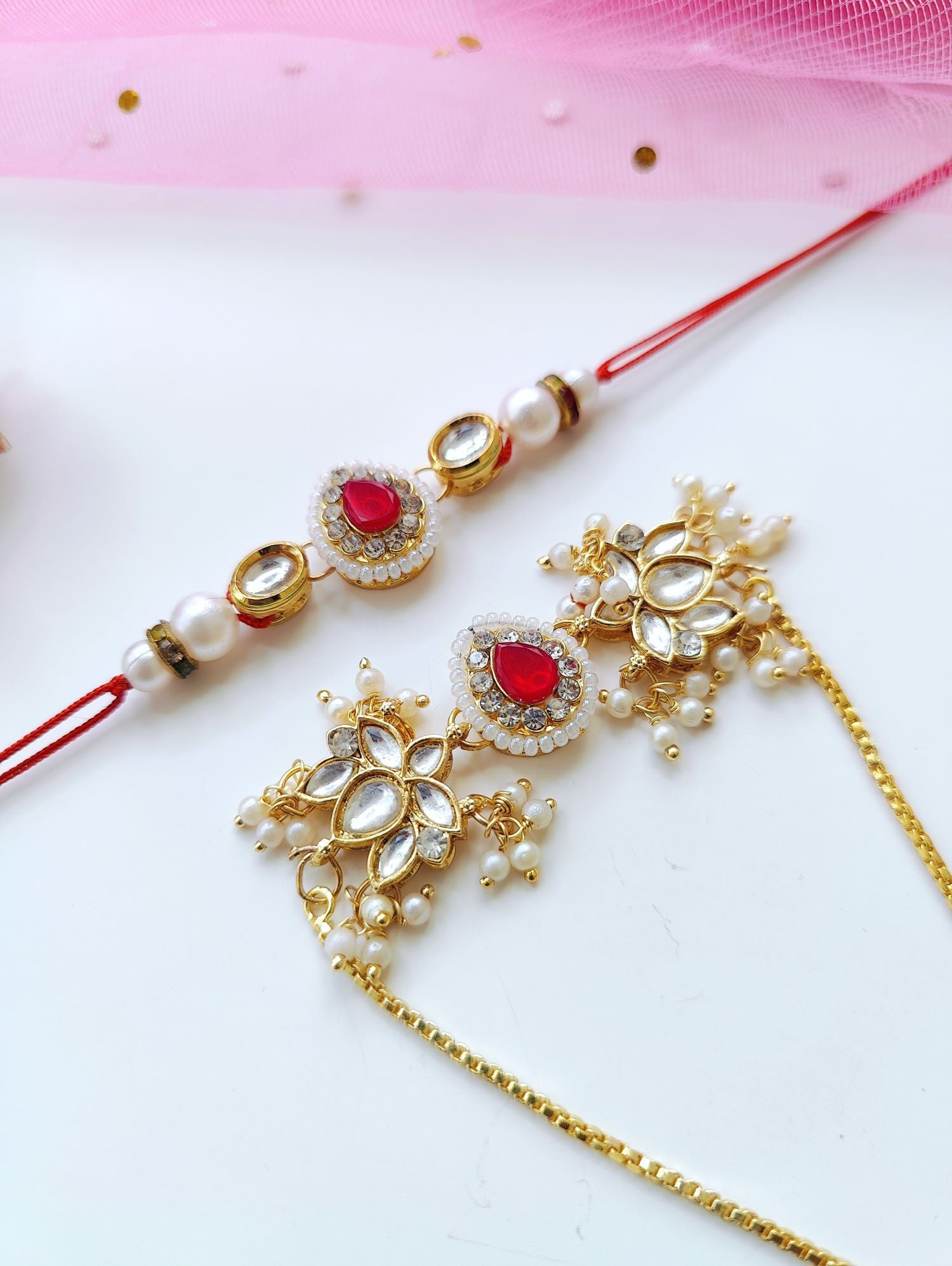 Traditional Bhaiya Bhabhi Rakhi set with Kundan, Pearl Beads and lumba rakhi for bhabhi, handmade for Raksha Bandhan 2026