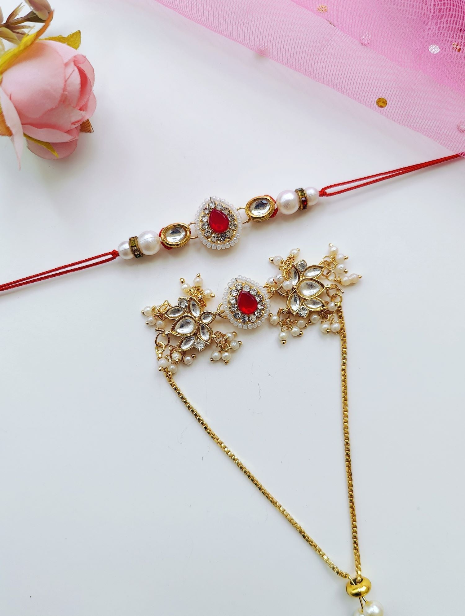 Traditional Bhaiya Bhabhi Rakhi set with Kundan, Pearl Beads and lumba rakhi for bhabhi, handmade for Raksha Bandhan 2026