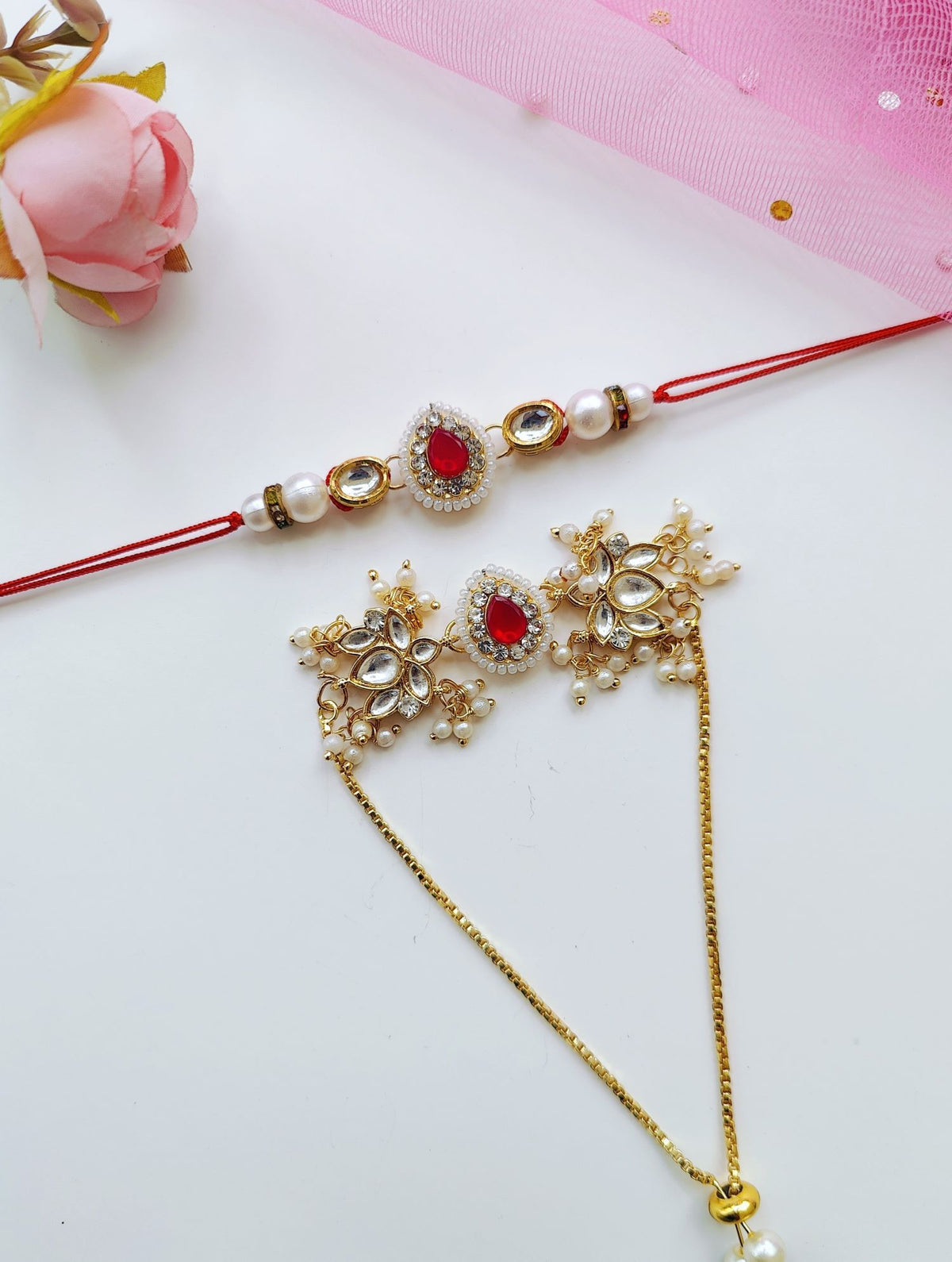 Traditional Bhaiya Bhabhi Rakhi set with Kundan, Pearl Beads and lumba rakhi for bhabhi, handmade for Raksha Bandhan 2026