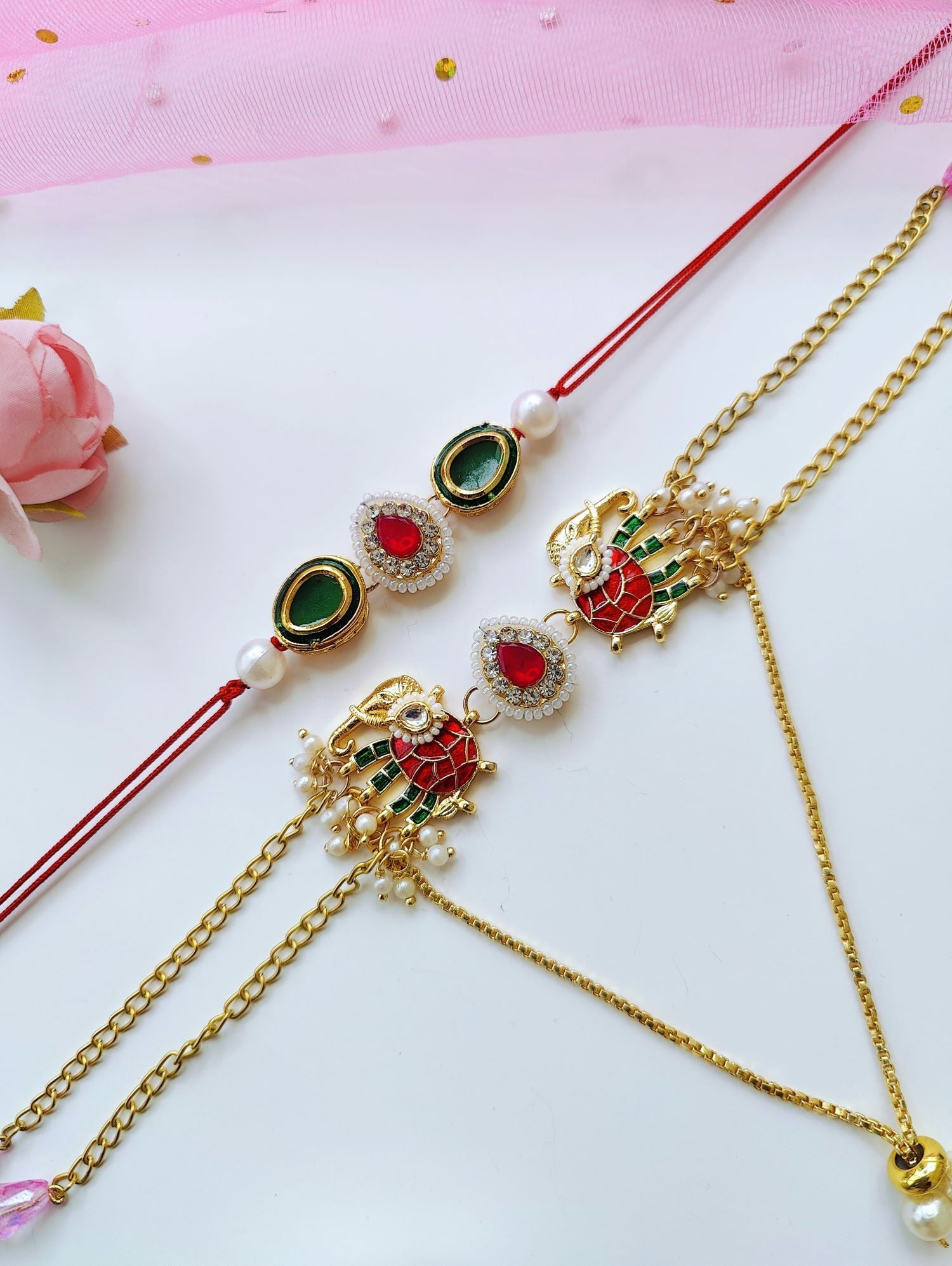 Handmade Kundan Bhaiya Bhabhi Rakhi set with pearl beads, traditional rakhi and lumba for bhabhi, designer 2026