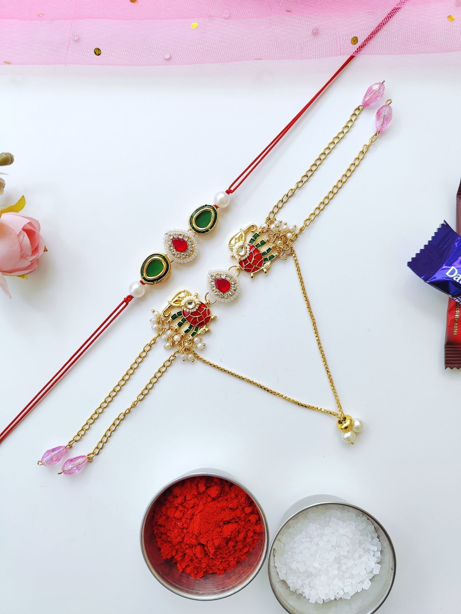 Handmade Kundan Bhaiya Bhabhi Rakhi set with pearl beads, traditional rakhi and lumba for bhabhi, designer 2026