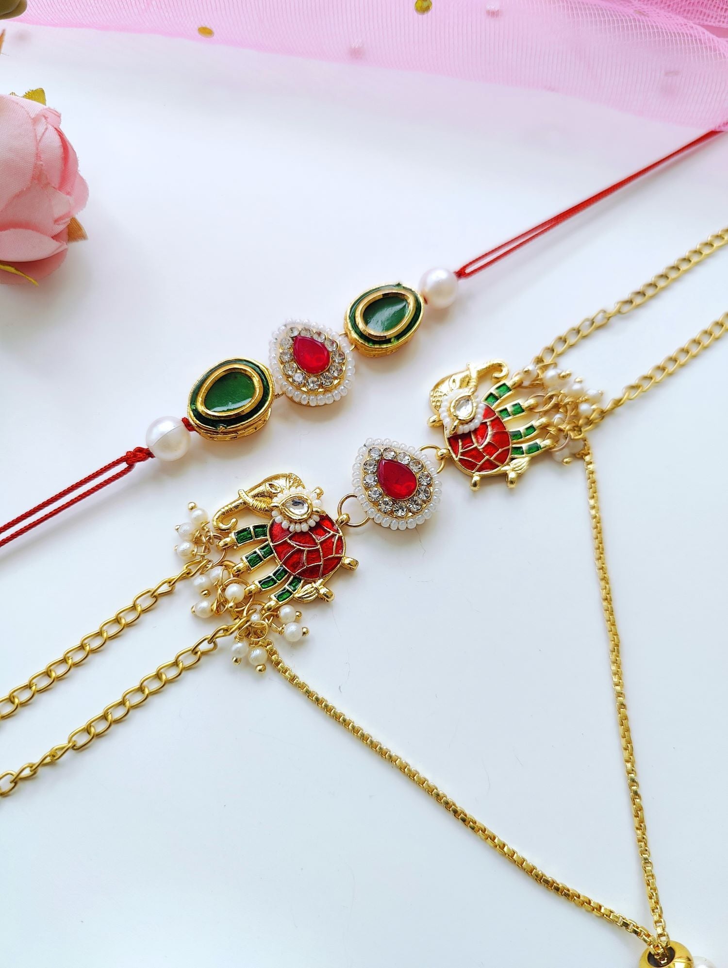 Handmade Kundan Bhaiya Bhabhi Rakhi set with pearl beads, traditional rakhi and lumba for bhabhi, designer 2026