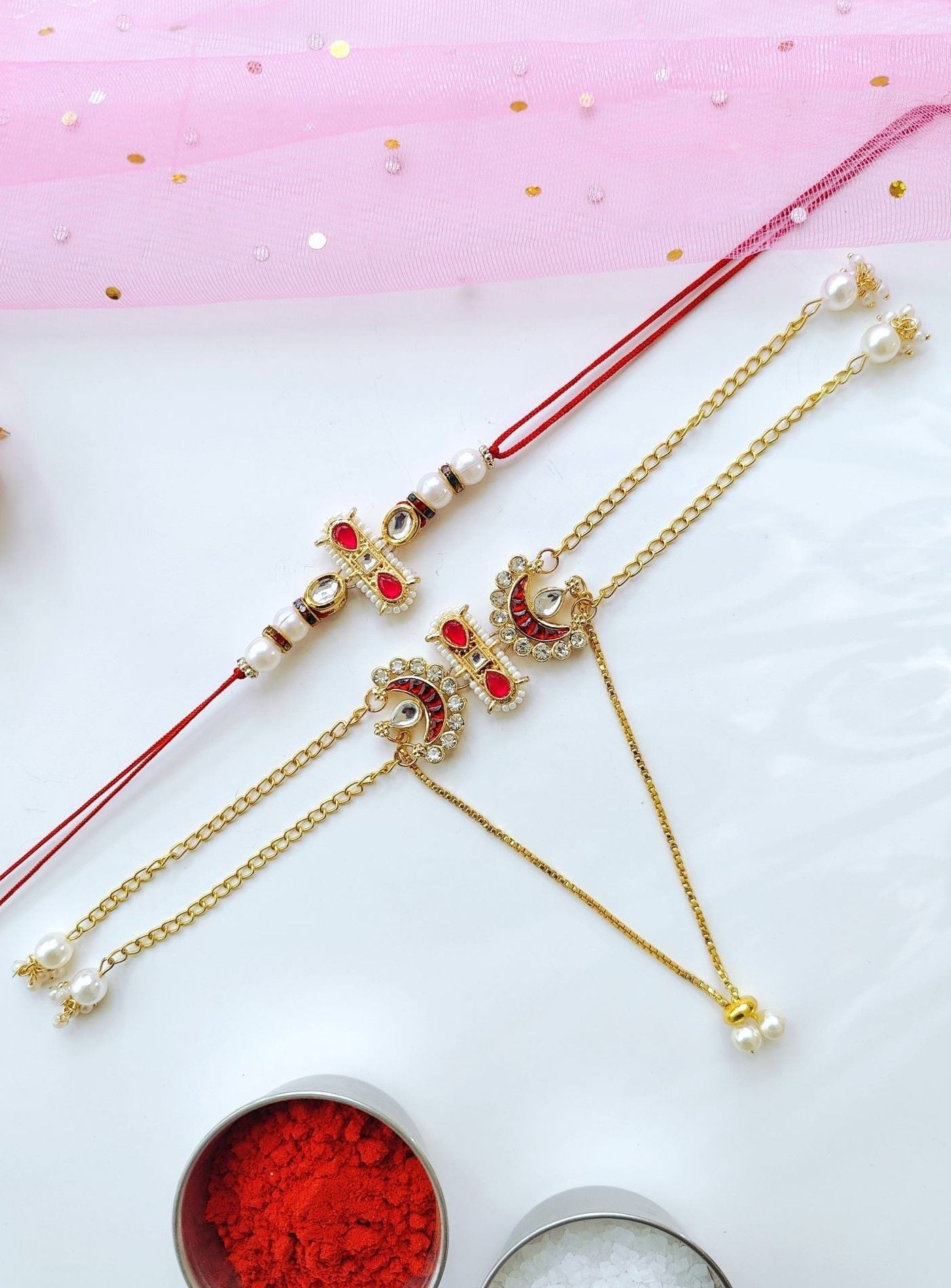 Handmade Bhaiya Bhabhi Rakhi set with Kundan, pearl beads, traditional lumba rakhi for bhabhi, perfect for 2026
