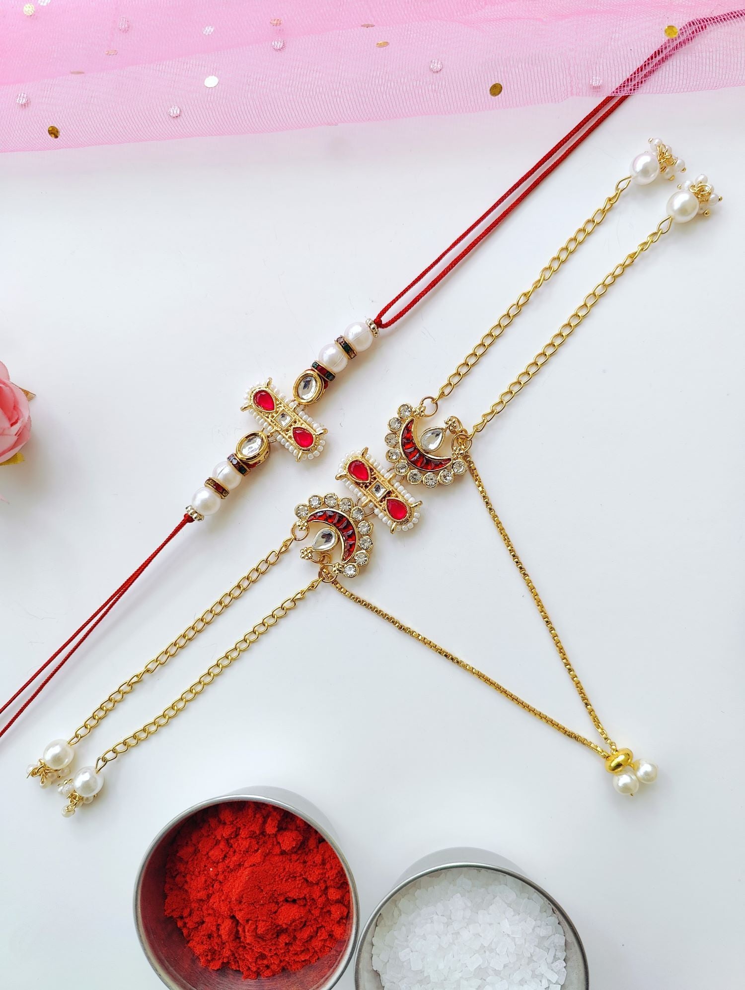 Handmade Bhaiya Bhabhi Rakhi set with Kundan, pearl beads, traditional lumba rakhi for bhabhi, perfect for 2026