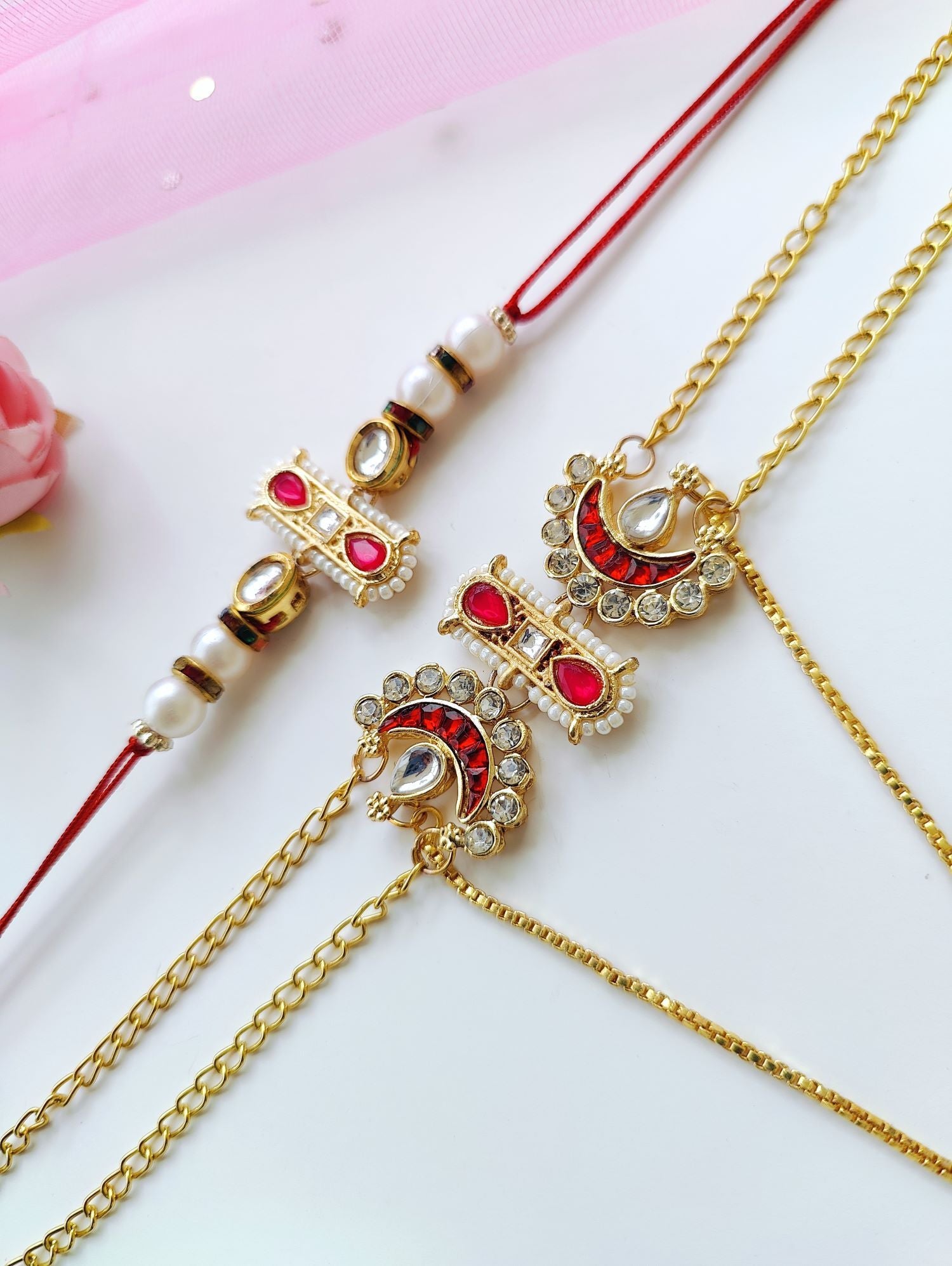 Handmade Bhaiya Bhabhi Rakhi set with Kundan, pearl beads, traditional lumba rakhi for bhabhi, perfect for 2026