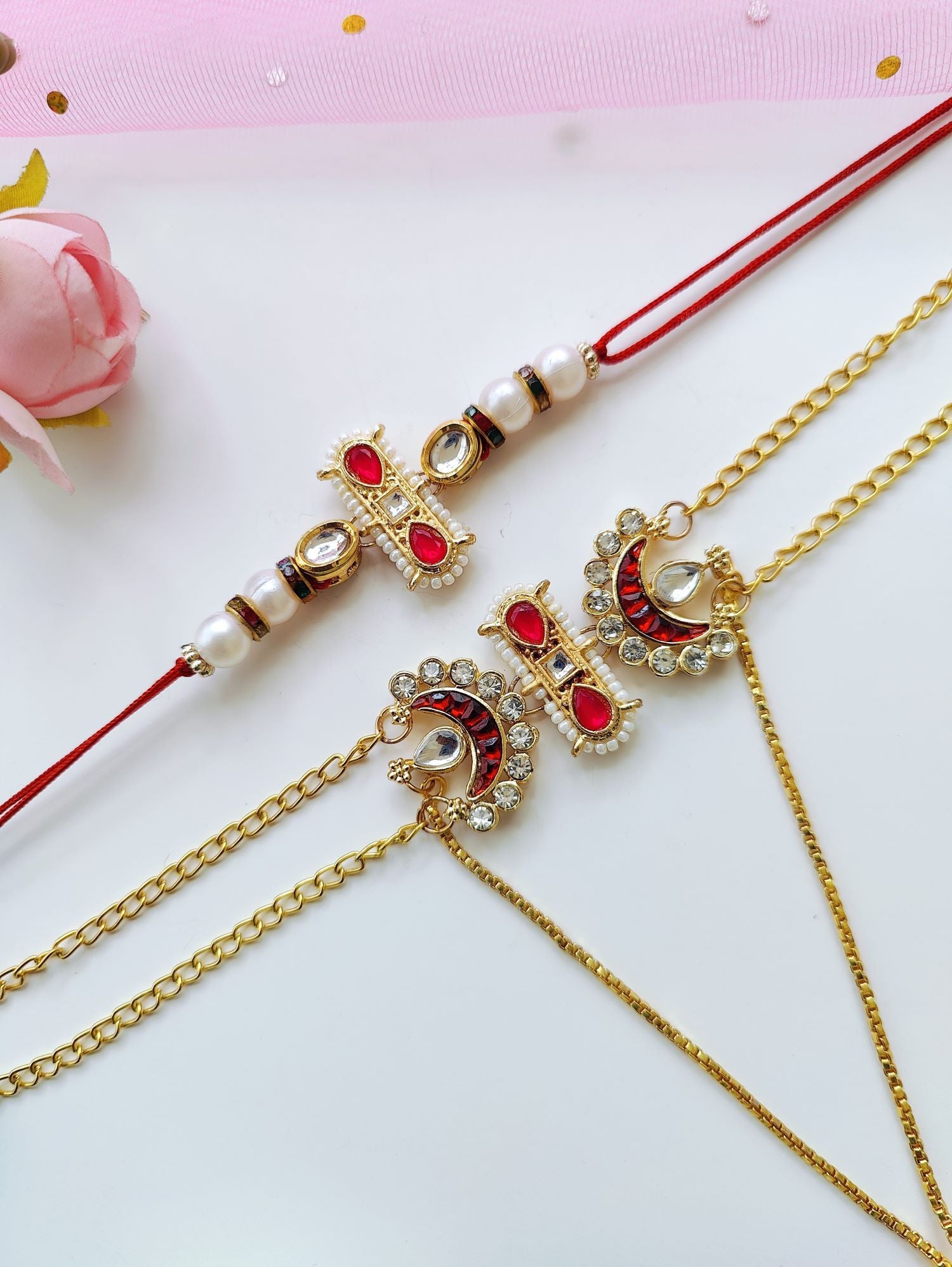 Handmade Bhaiya Bhabhi Rakhi set with Kundan, pearl beads, traditional lumba rakhi for bhabhi, perfect for 2026