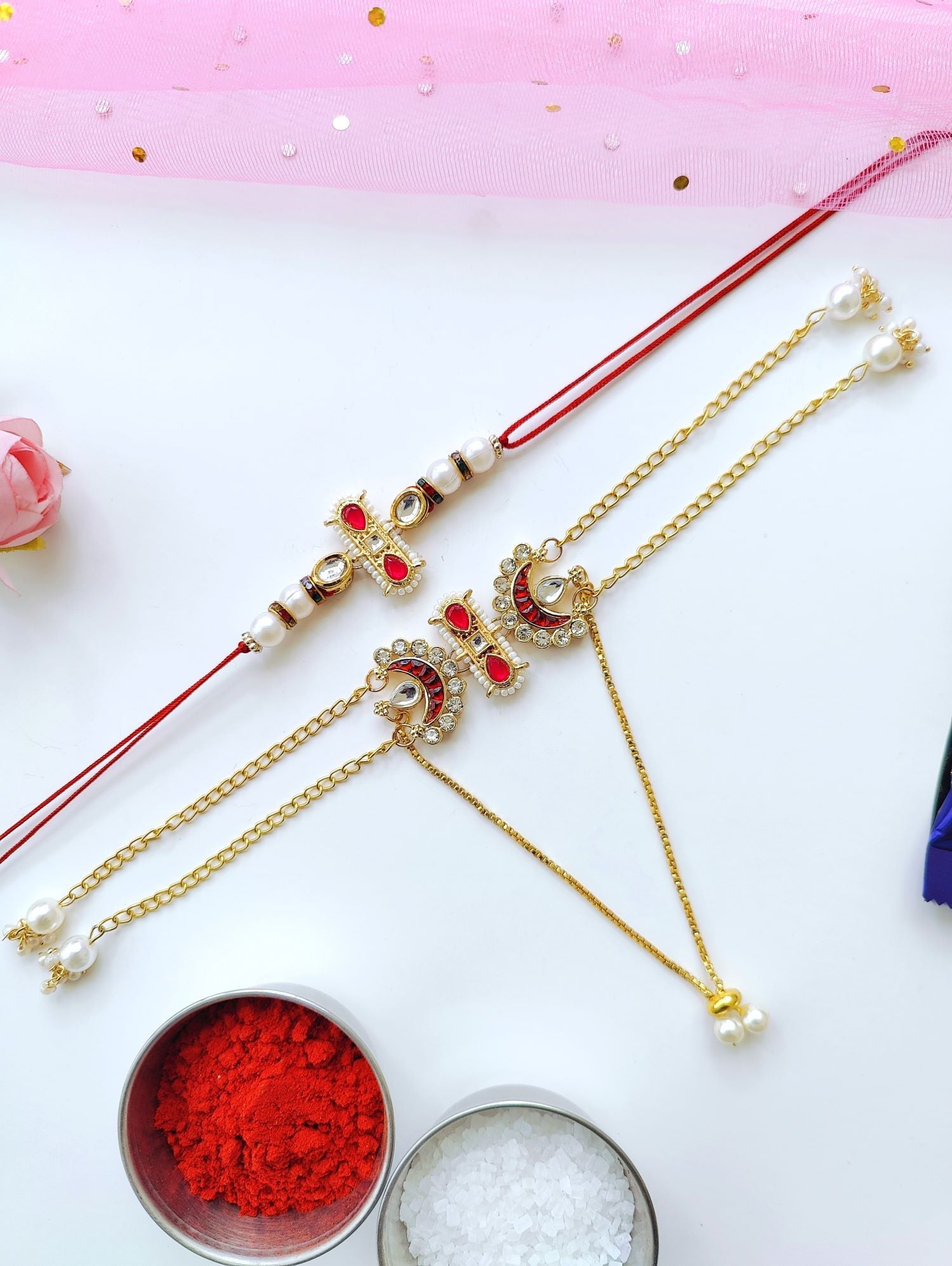 Handmade Bhaiya Bhabhi Rakhi set with Kundan, pearl beads, traditional lumba rakhi for bhabhi, perfect for 2026