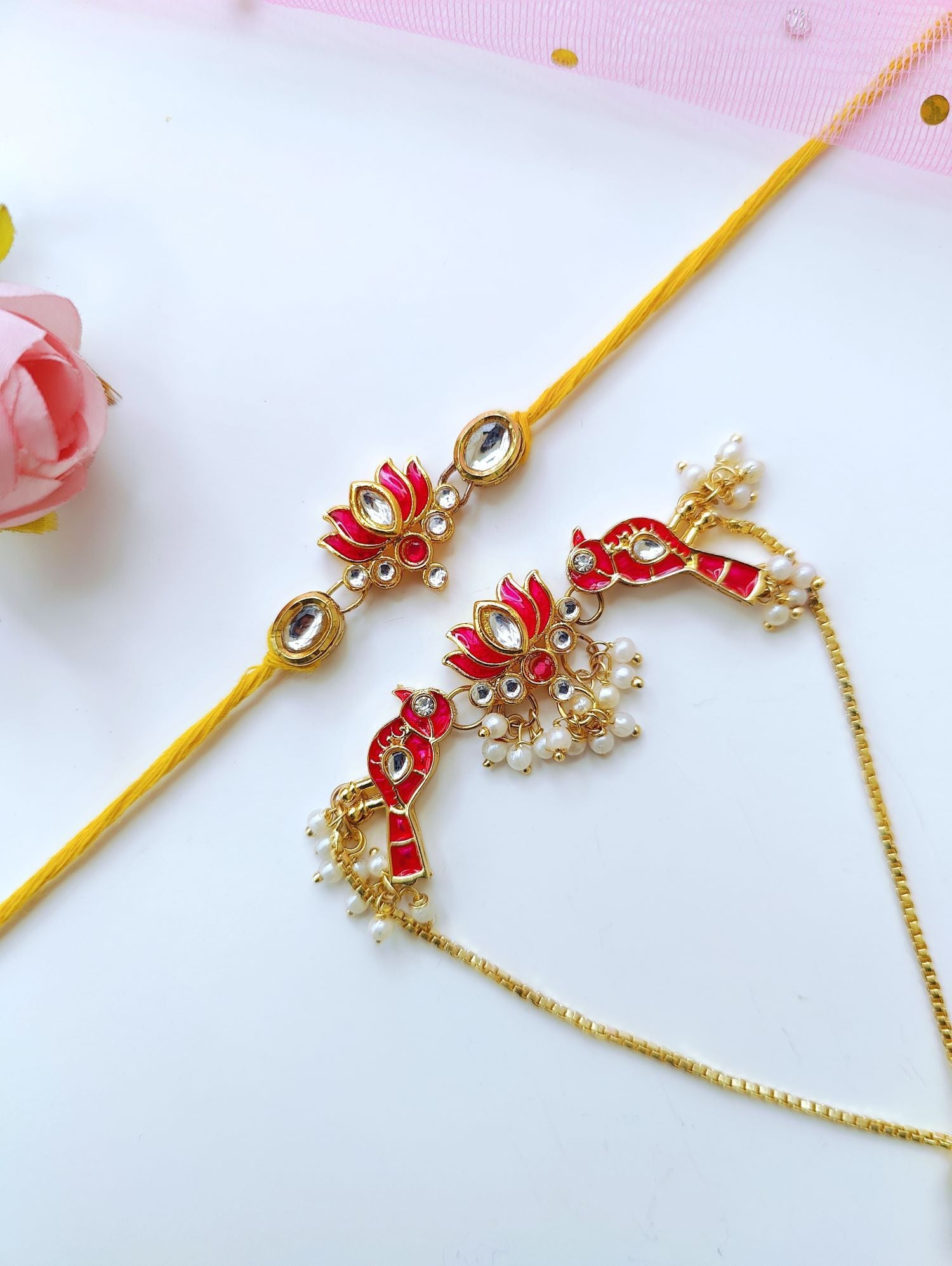 Handmade Bhaiya Bhabhi Rakhi set with lotus design, Kundan stones, pearl beads; traditional rakhi for brother 2026
