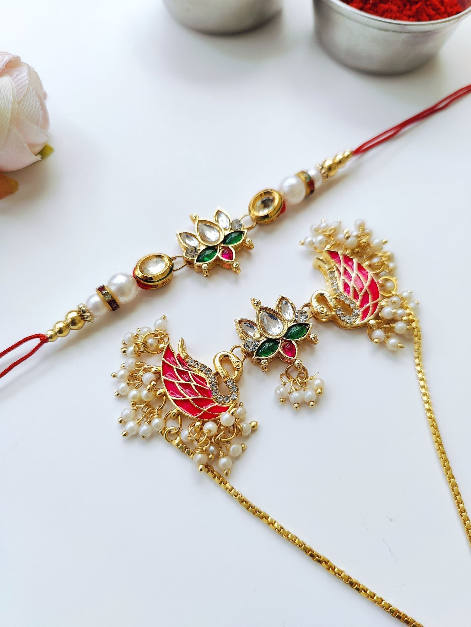 Handmade Kundan Bhaiya Bhabhi Rakhi set with pearl beads, traditional lumba rakhi for bhabhi, Royal Rakhi 2026