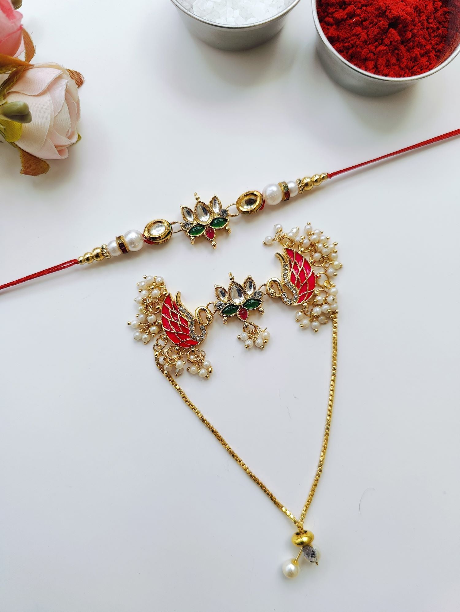 Handmade Kundan Bhaiya Bhabhi Rakhi set with pearl beads, traditional lumba rakhi for bhabhi, Royal Rakhi 2026
