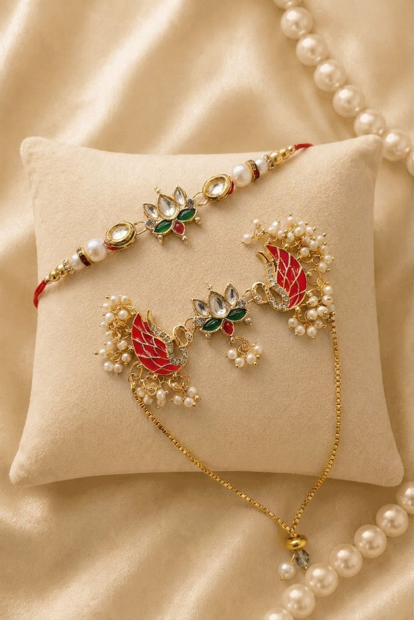 Handmade Kundan Bhaiya Bhabhi Rakhi set with pearl beads, traditional lumba rakhi for bhabhi, Royal Rakhi 2026