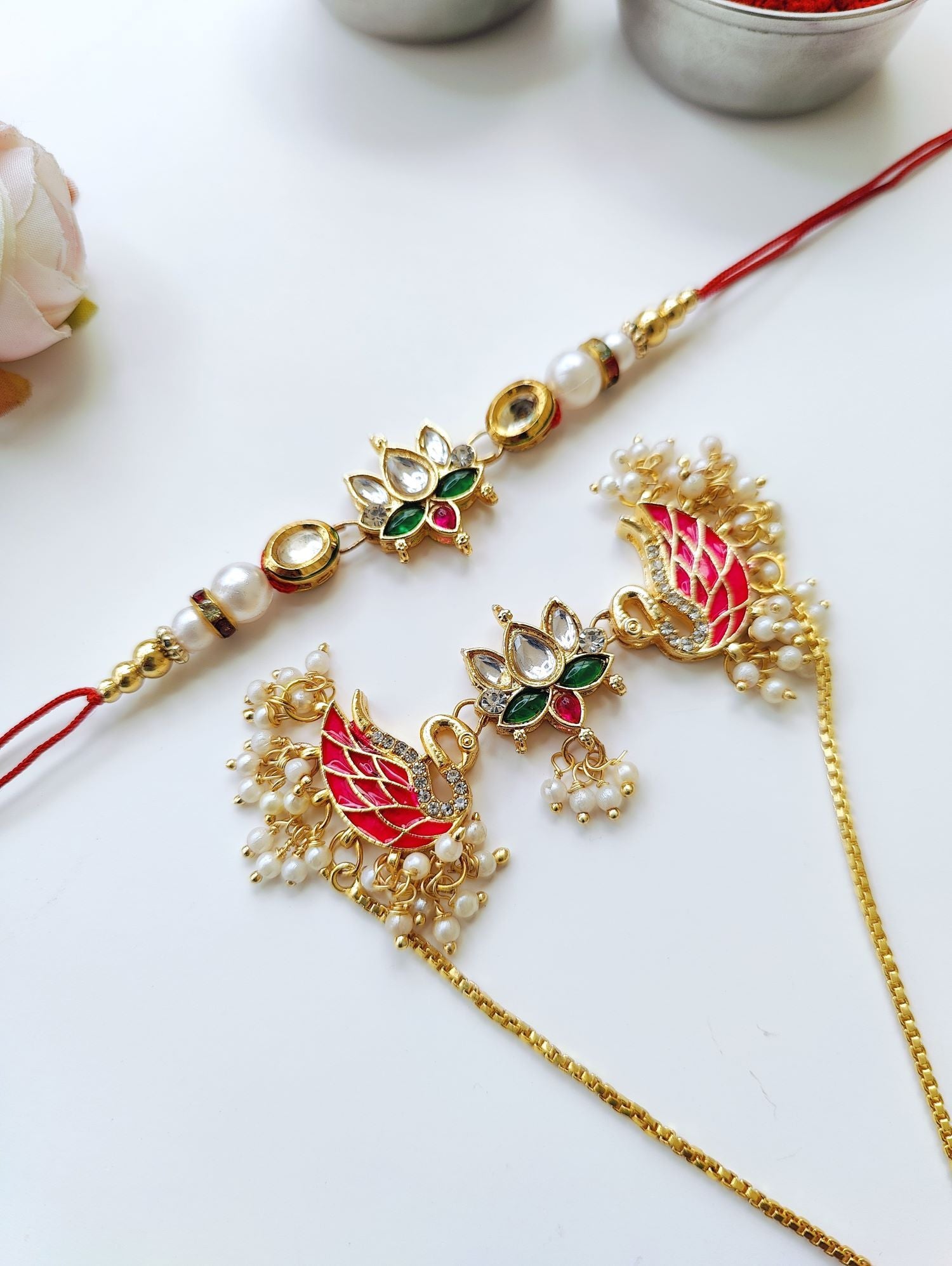 Handmade Kundan Bhaiya Bhabhi Rakhi set with pearl beads, traditional lumba rakhi for bhabhi, Royal Rakhi 2026