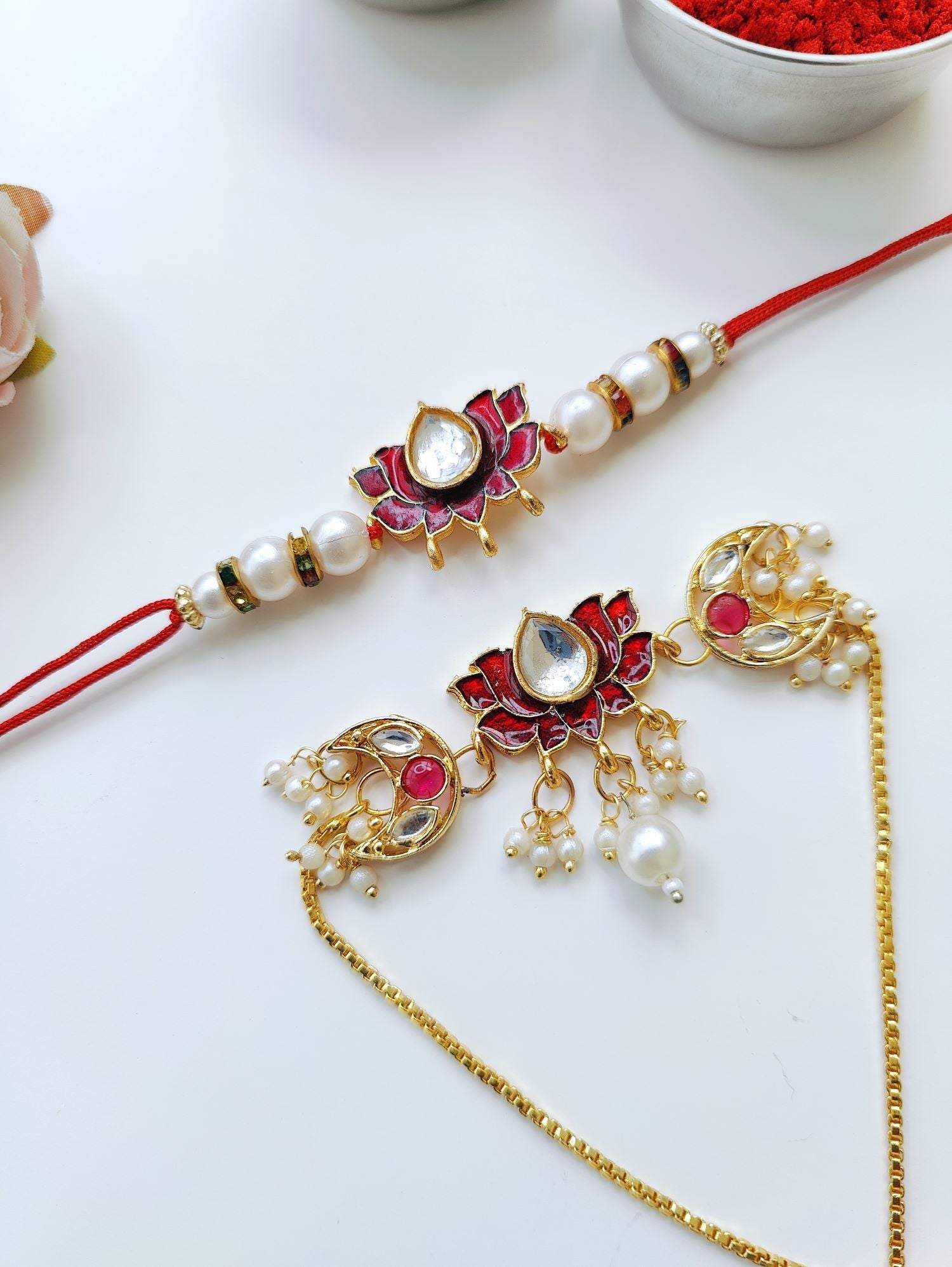 Kundan lotus Bhaiya Bhabhi Rakhi combo with pearl beads, traditional handmade rakhi set for brother and sister-in-law 2026