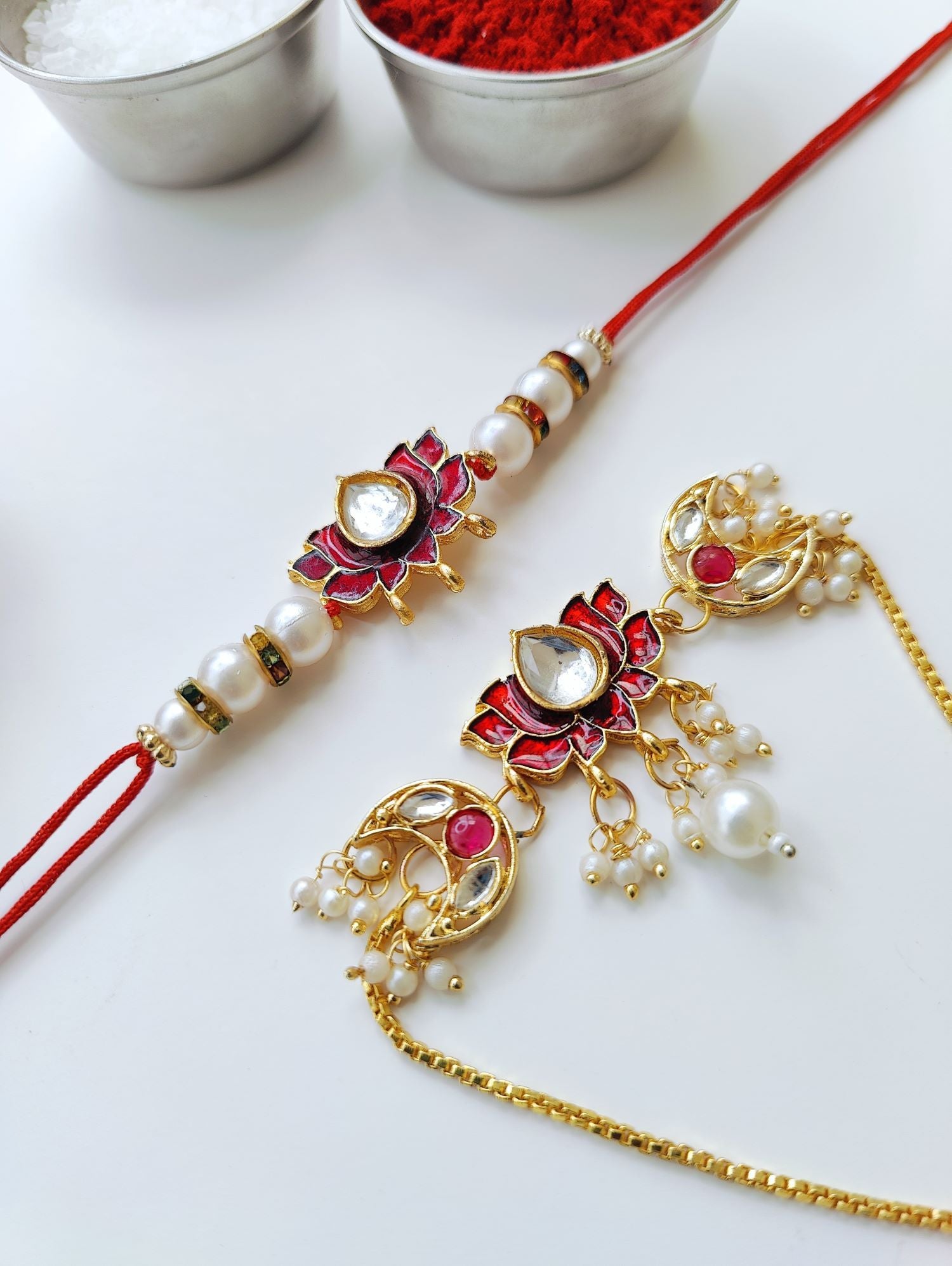 Kundan lotus Bhaiya Bhabhi Rakhi combo with pearl beads, traditional handmade rakhi set for brother and sister-in-law 2026
