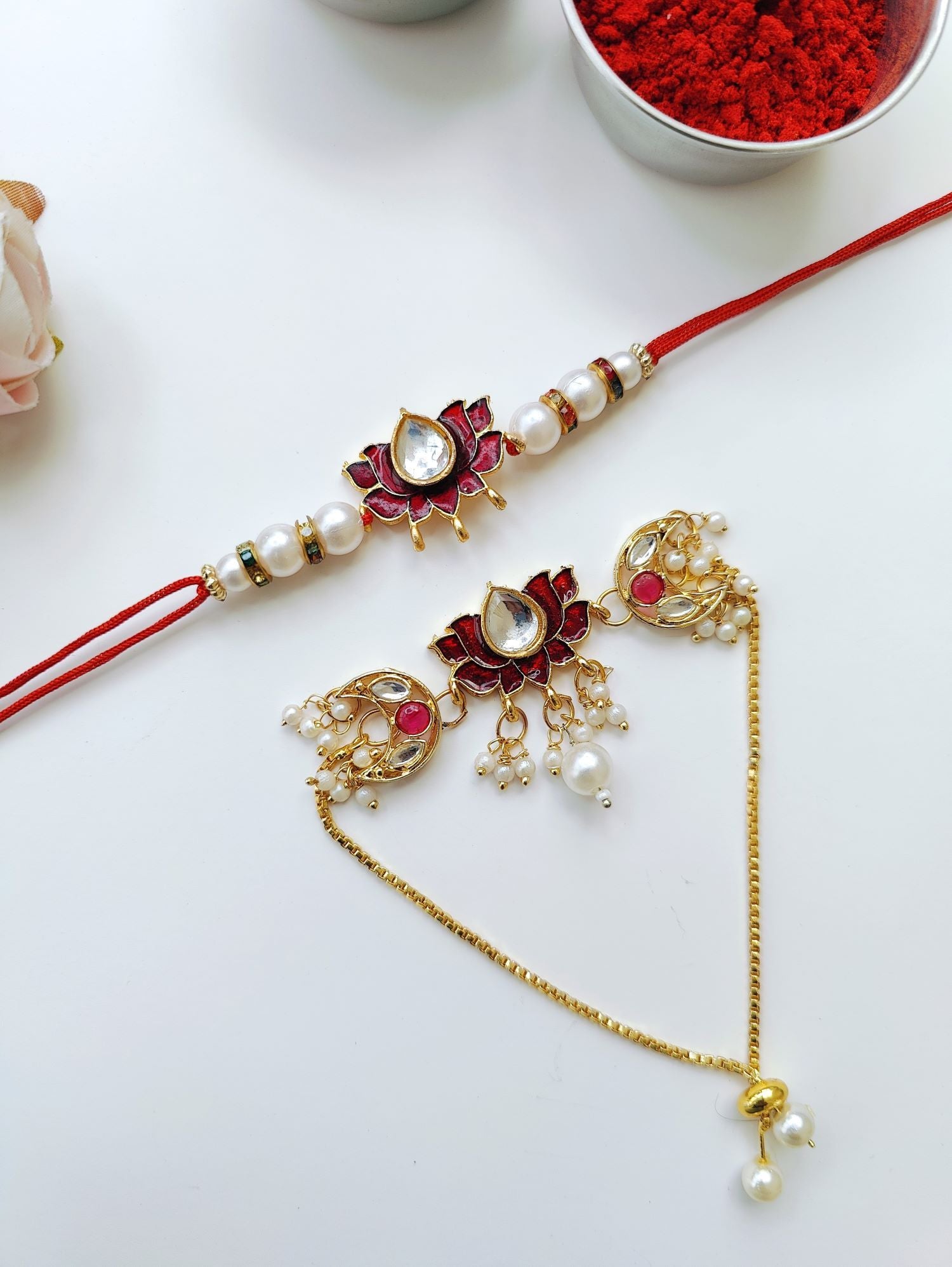 Kundan lotus Bhaiya Bhabhi Rakhi combo with pearl beads, traditional handmade rakhi set for brother and sister-in-law 2026