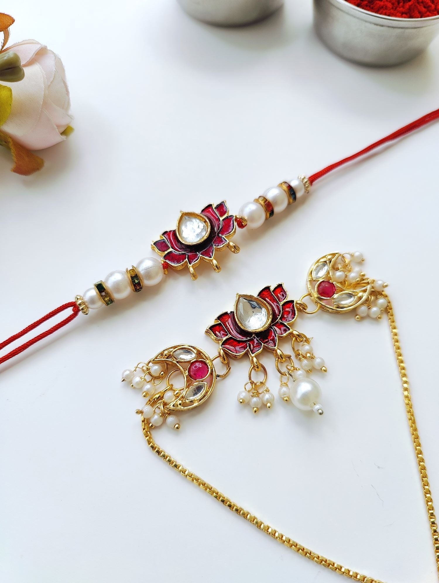 Kundan lotus Bhaiya Bhabhi Rakhi combo with pearl beads, traditional handmade rakhi set for brother and sister-in-law 2026