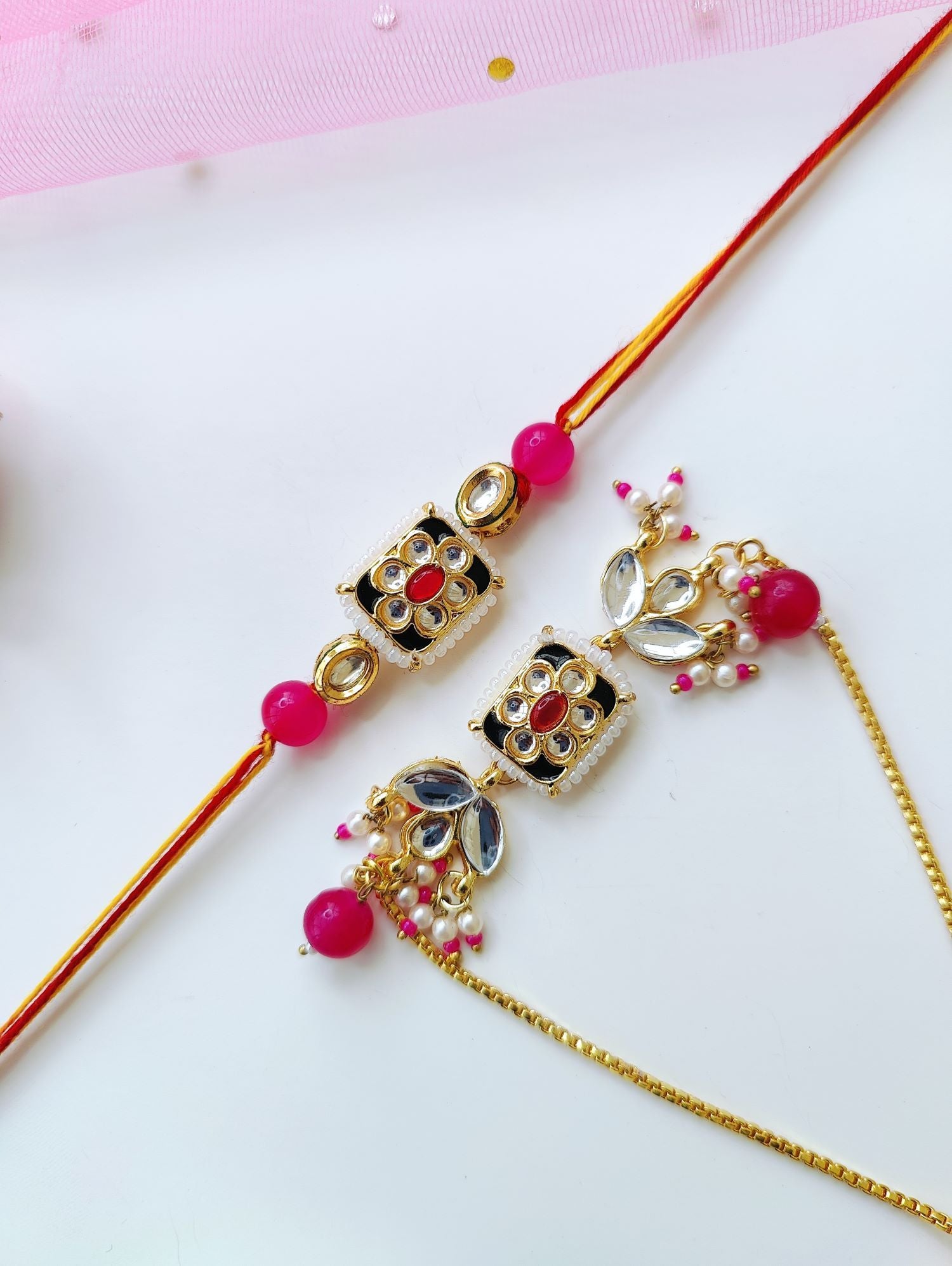 Handmade Bhaiya Bhabhi Rakhi set with royal Kundan and pearl beads, traditional rakhi for brother and bhabhi 2026