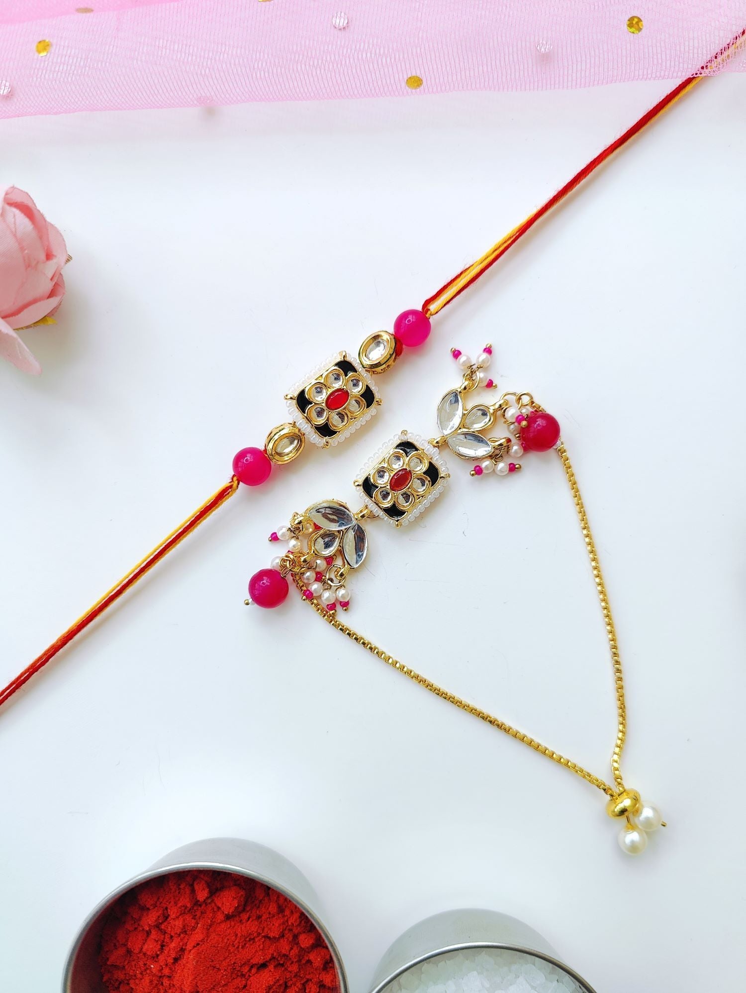 Handmade Bhaiya Bhabhi Rakhi set with royal Kundan and pearl beads, traditional rakhi for brother and bhabhi 2026