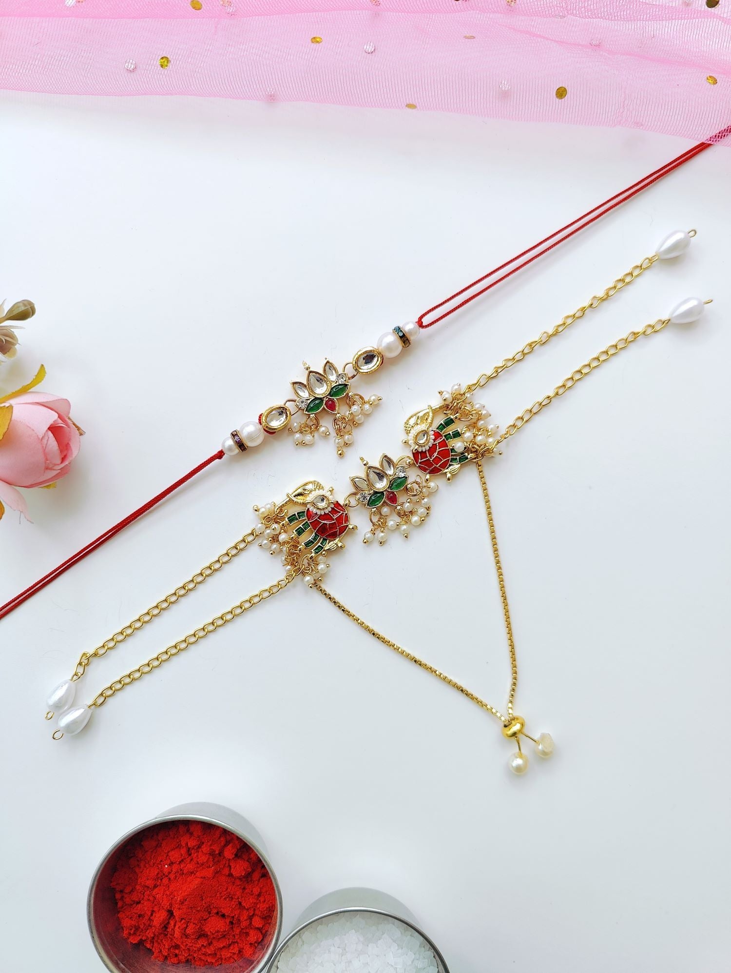 Kundan pearl Bhaiya Bhabhi Rakhi set with handmade traditional lumba rakhi, royal pearl beads for Raksha Bandhan 2026
