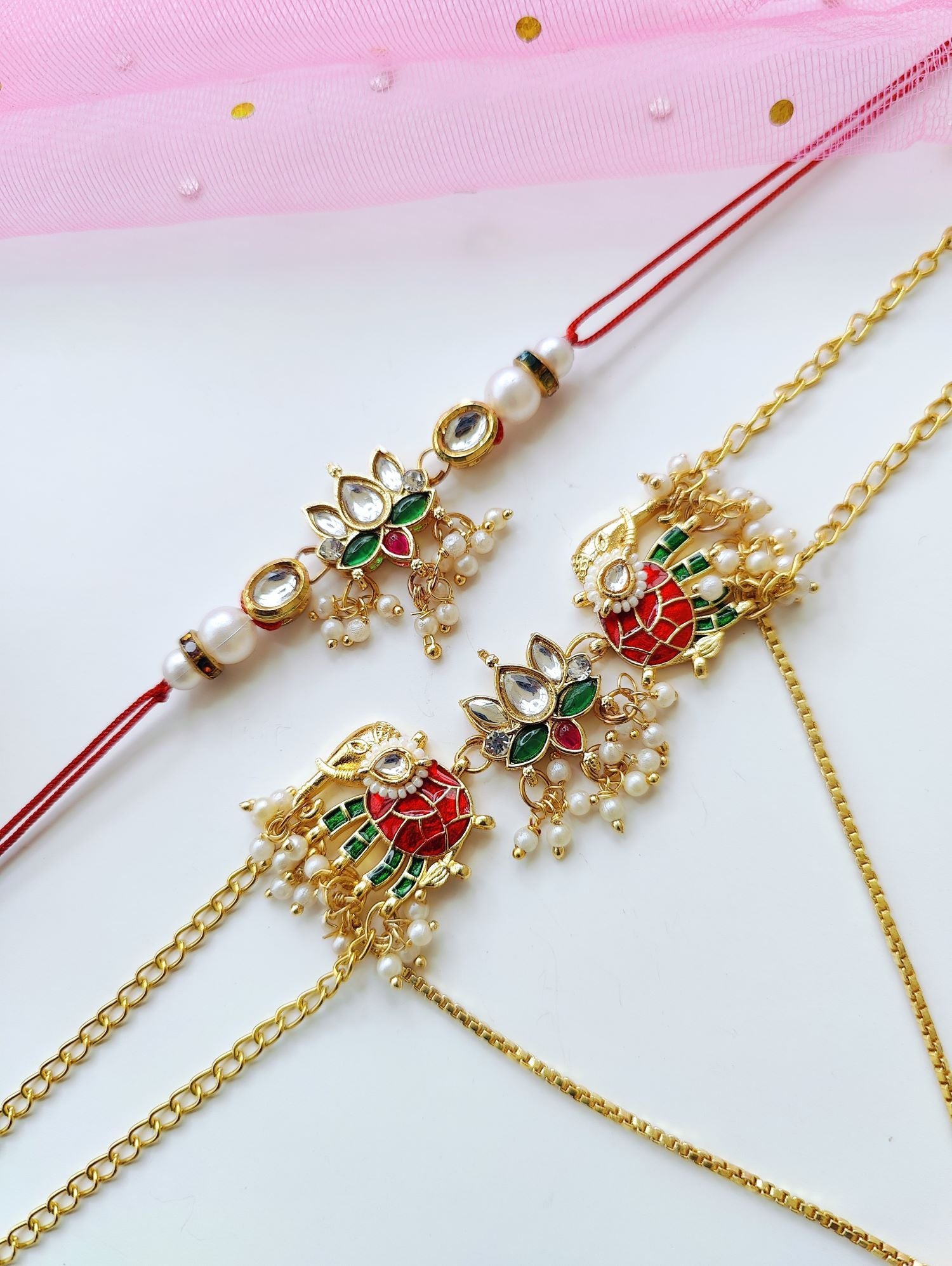 Kundan pearl Bhaiya Bhabhi Rakhi set with handmade traditional lumba rakhi, royal pearl beads for Raksha Bandhan 2026