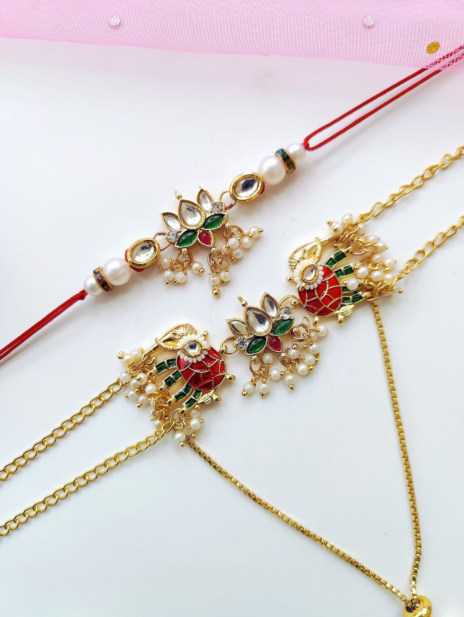 Kundan pearl Bhaiya Bhabhi Rakhi set with handmade traditional lumba rakhi, royal pearl beads for Raksha Bandhan 2026