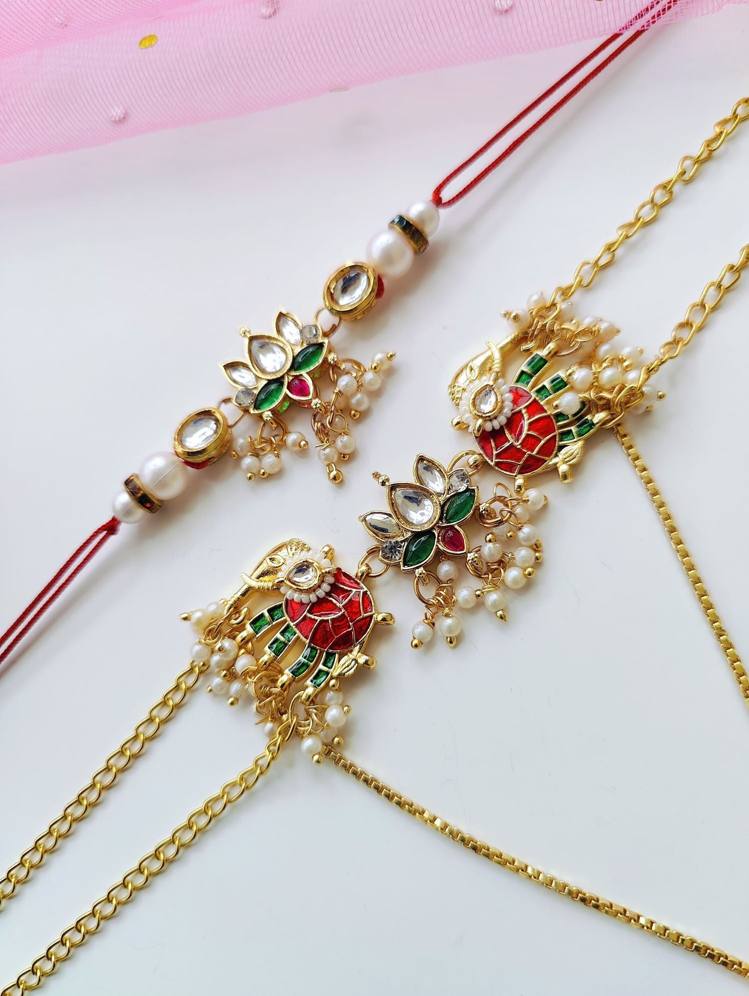 Kundan pearl Bhaiya Bhabhi Rakhi set with handmade traditional lumba rakhi, royal pearl beads for Raksha Bandhan 2026