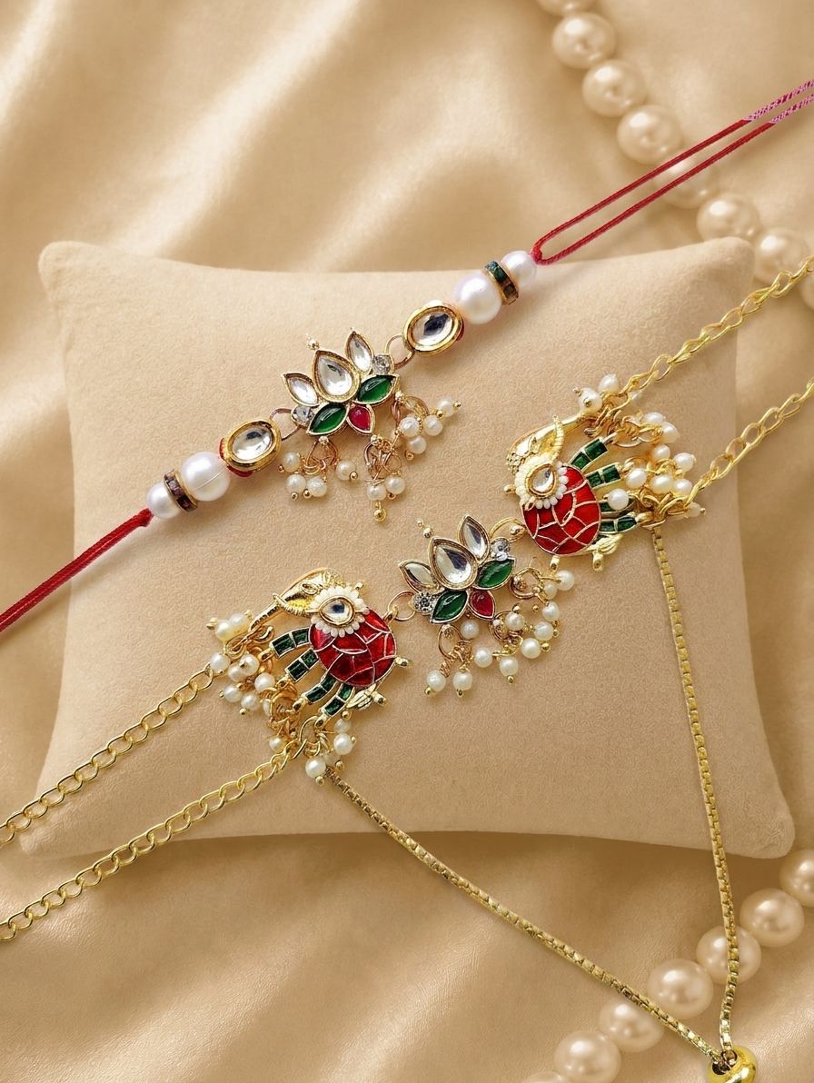 Kundan pearl Bhaiya Bhabhi Rakhi set with handmade traditional lumba rakhi, royal pearl beads for Raksha Bandhan 2026