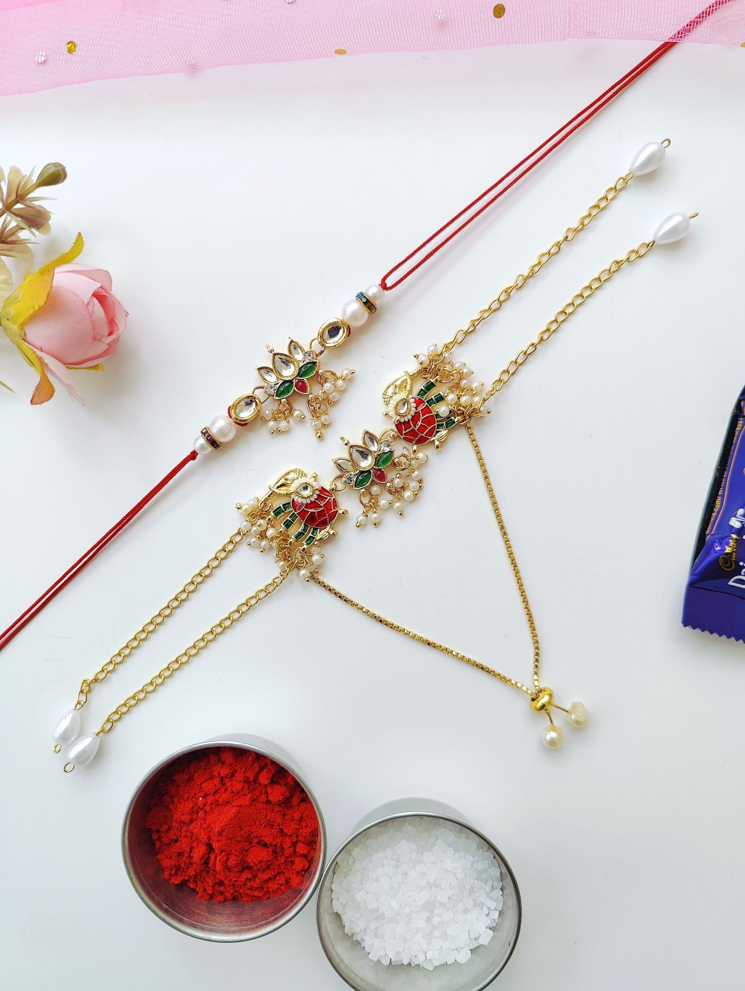 Kundan pearl Bhaiya Bhabhi Rakhi set with handmade traditional lumba rakhi, royal pearl beads for Raksha Bandhan 2026