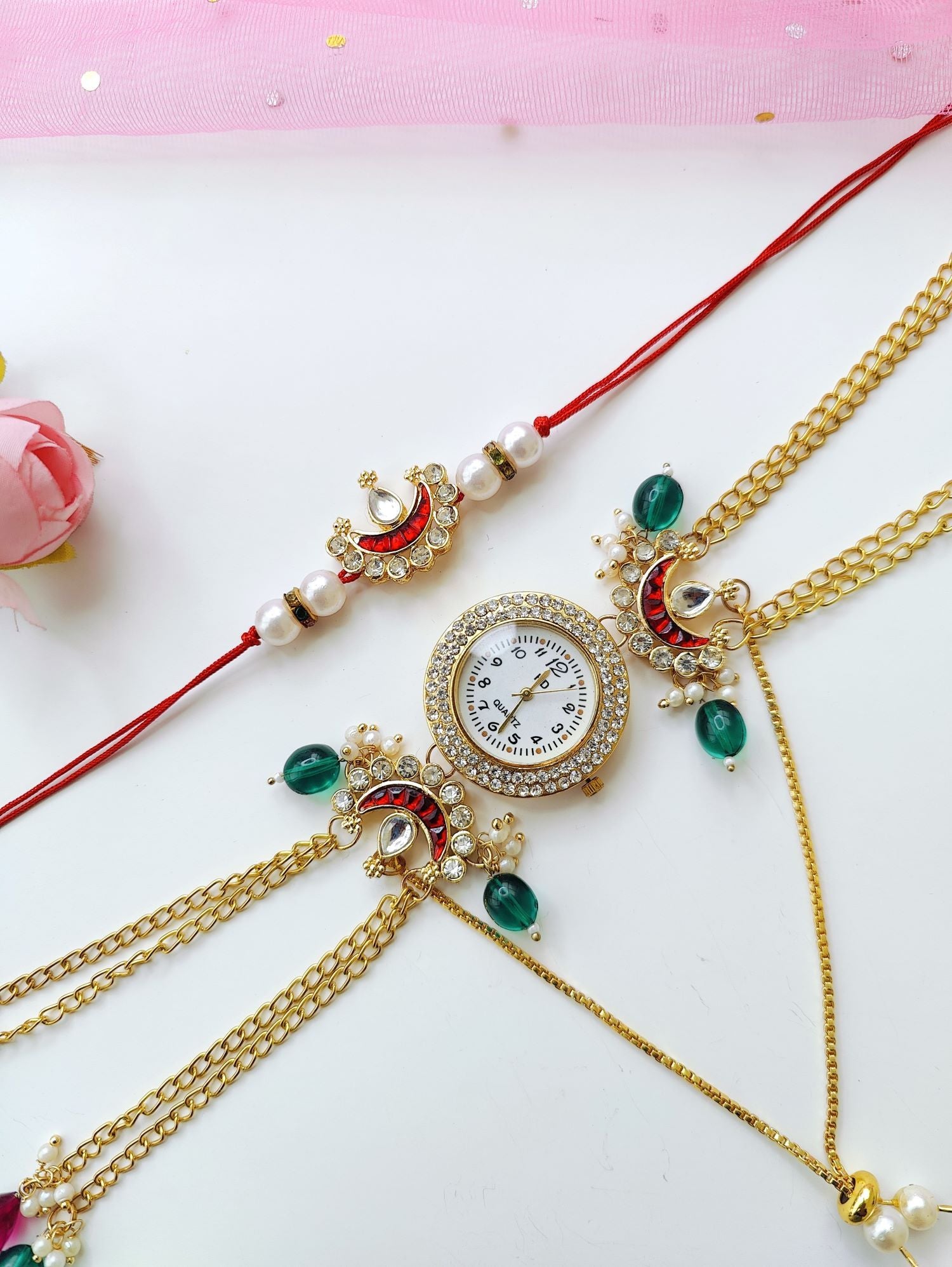 Bhaiya Bhabhi Rakhi set with handmade Kundan and pearl beads, traditional lumba rakhi for bhabhi, 2026 design