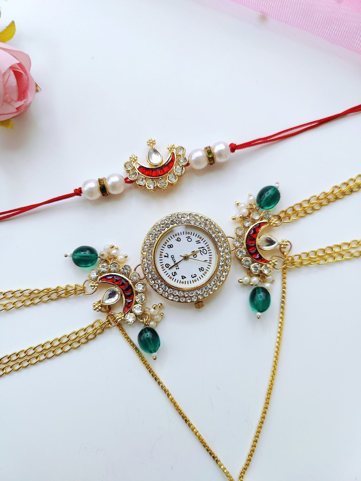 Bhaiya Bhabhi Rakhi set with handmade Kundan and pearl beads, traditional lumba rakhi for bhabhi, 2026 design