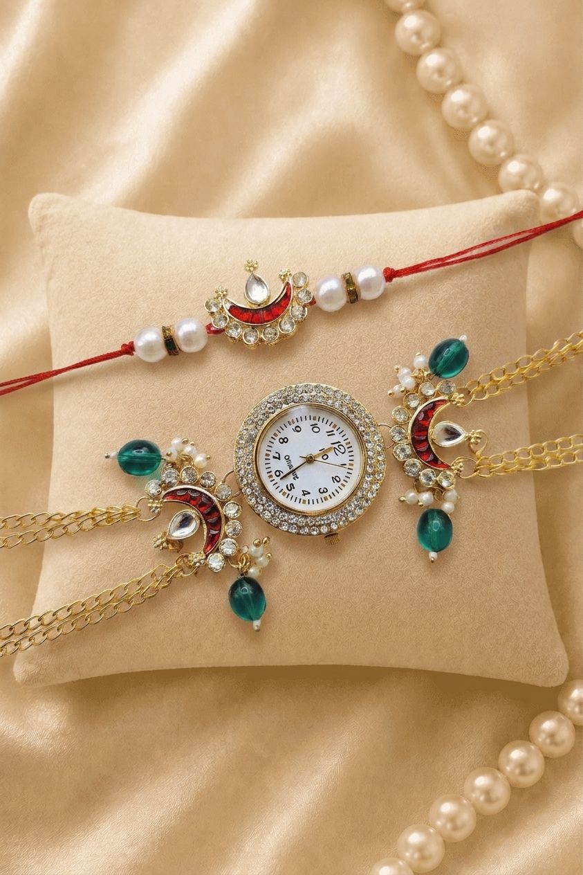 Bhaiya Bhabhi Rakhi set with handmade Kundan and pearl beads, traditional lumba rakhi for bhabhi, 2026 design