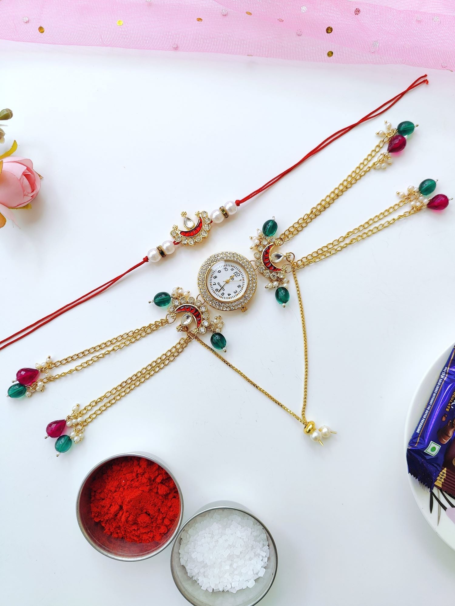 Bhaiya Bhabhi Rakhi set with handmade Kundan and pearl beads, traditional lumba rakhi for bhabhi, 2026 design