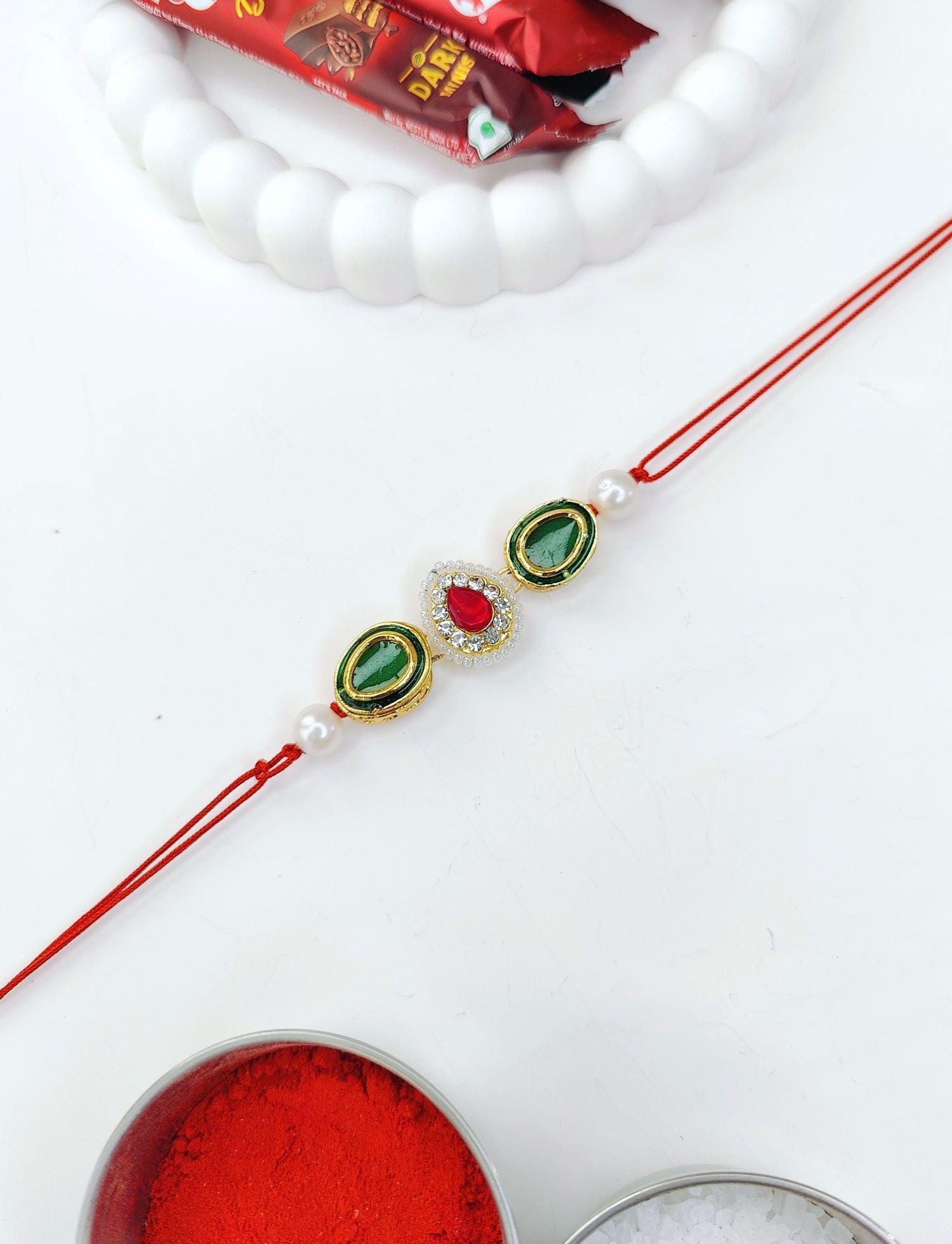 pink and green handmade kashmiri rakhi for bhaiya bhabhi, kundan