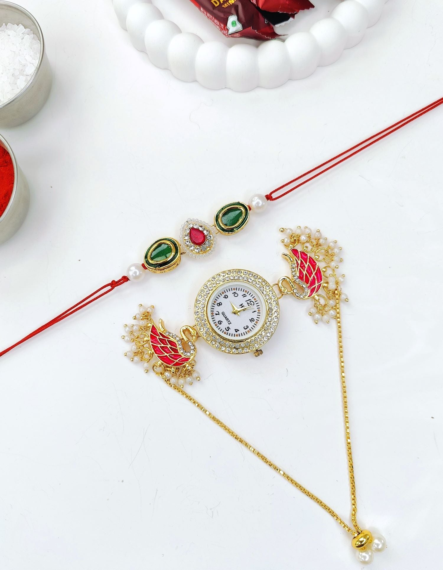 pink and green handmade kashmiri rakhi for bhaiya bhabhi, kundan