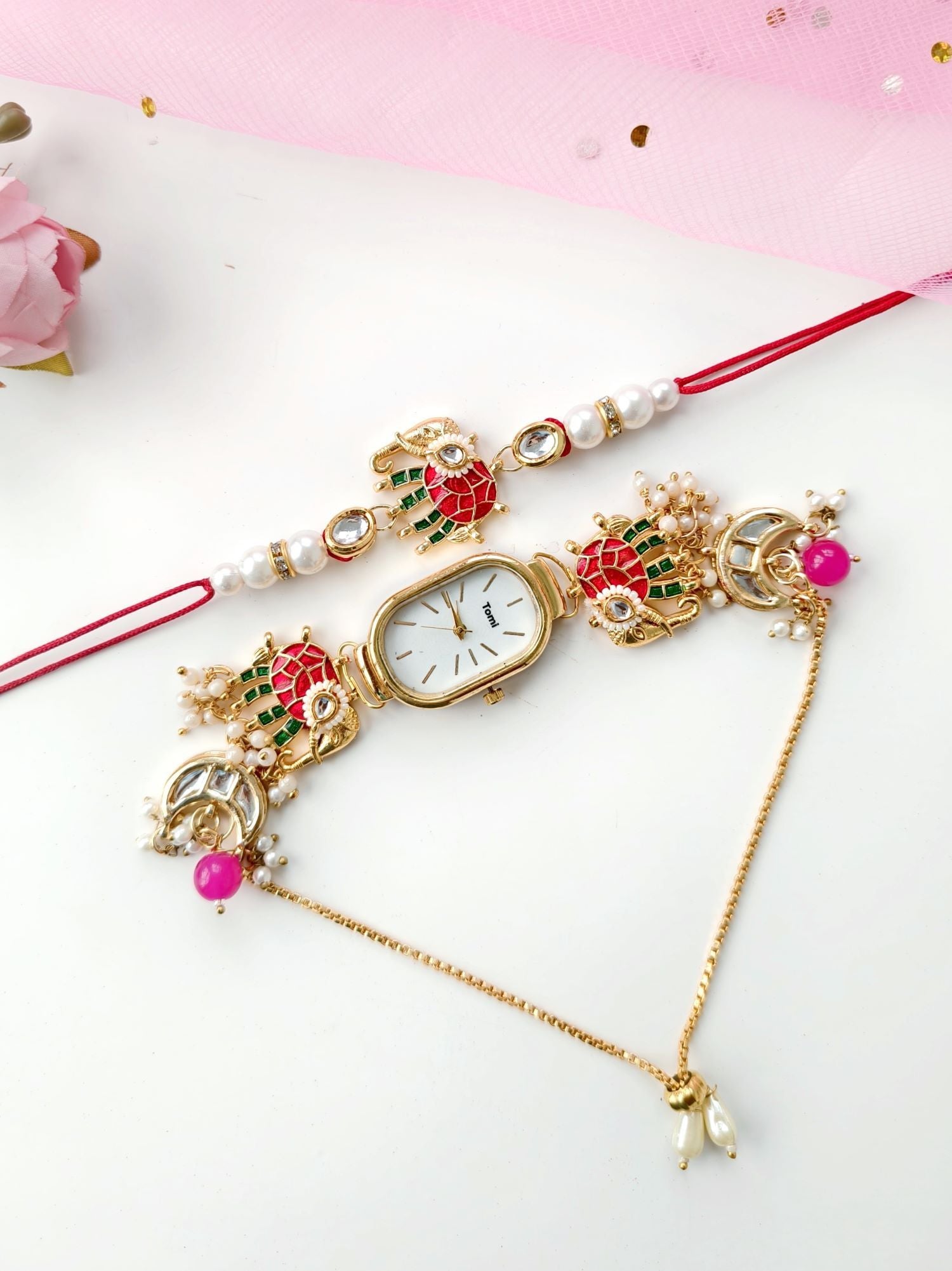 Ruby Green Kashmiri Rakhhi & Watch Set