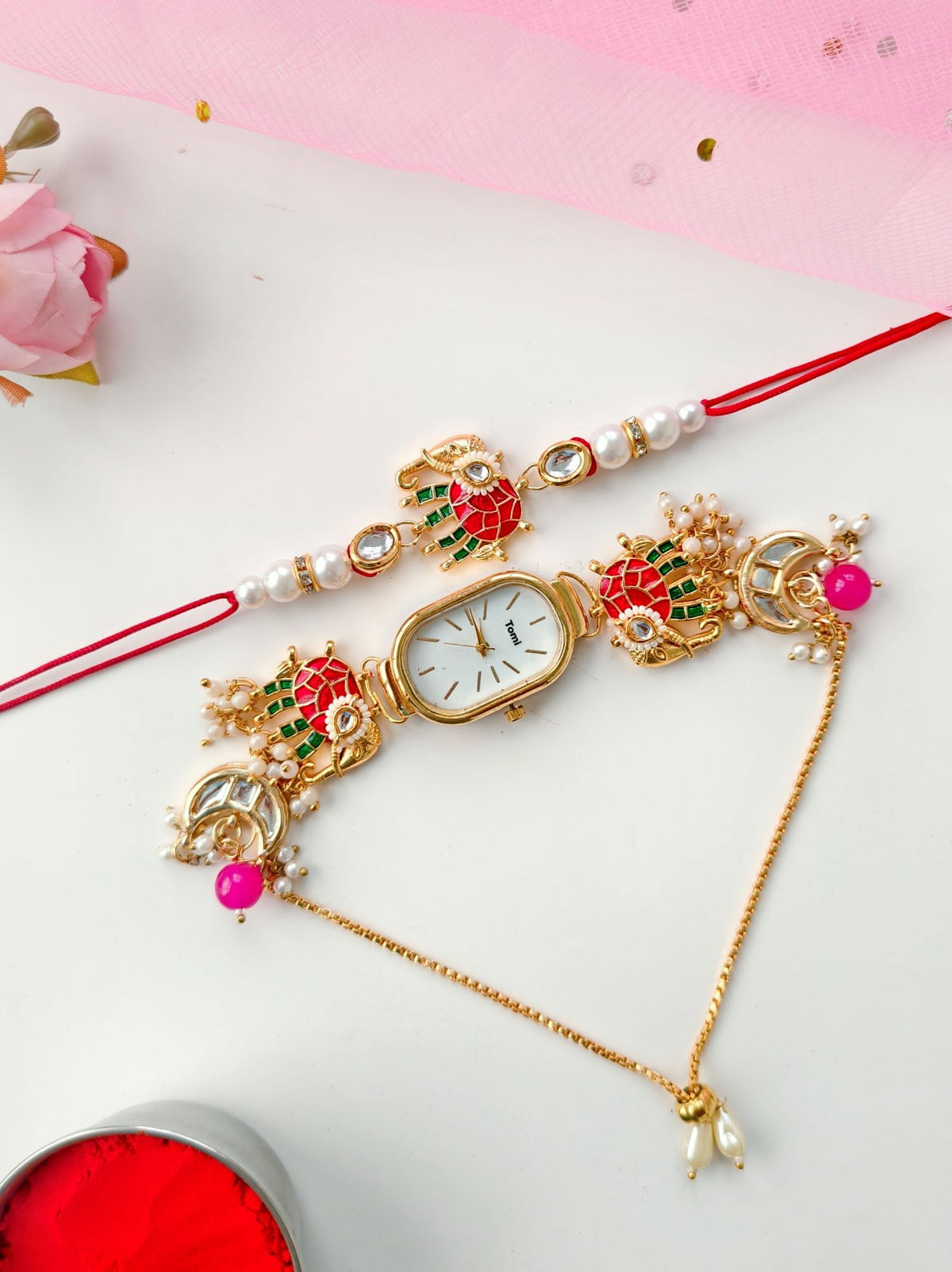 Ruby Green Kashmiri Rakhhi & Watch Set