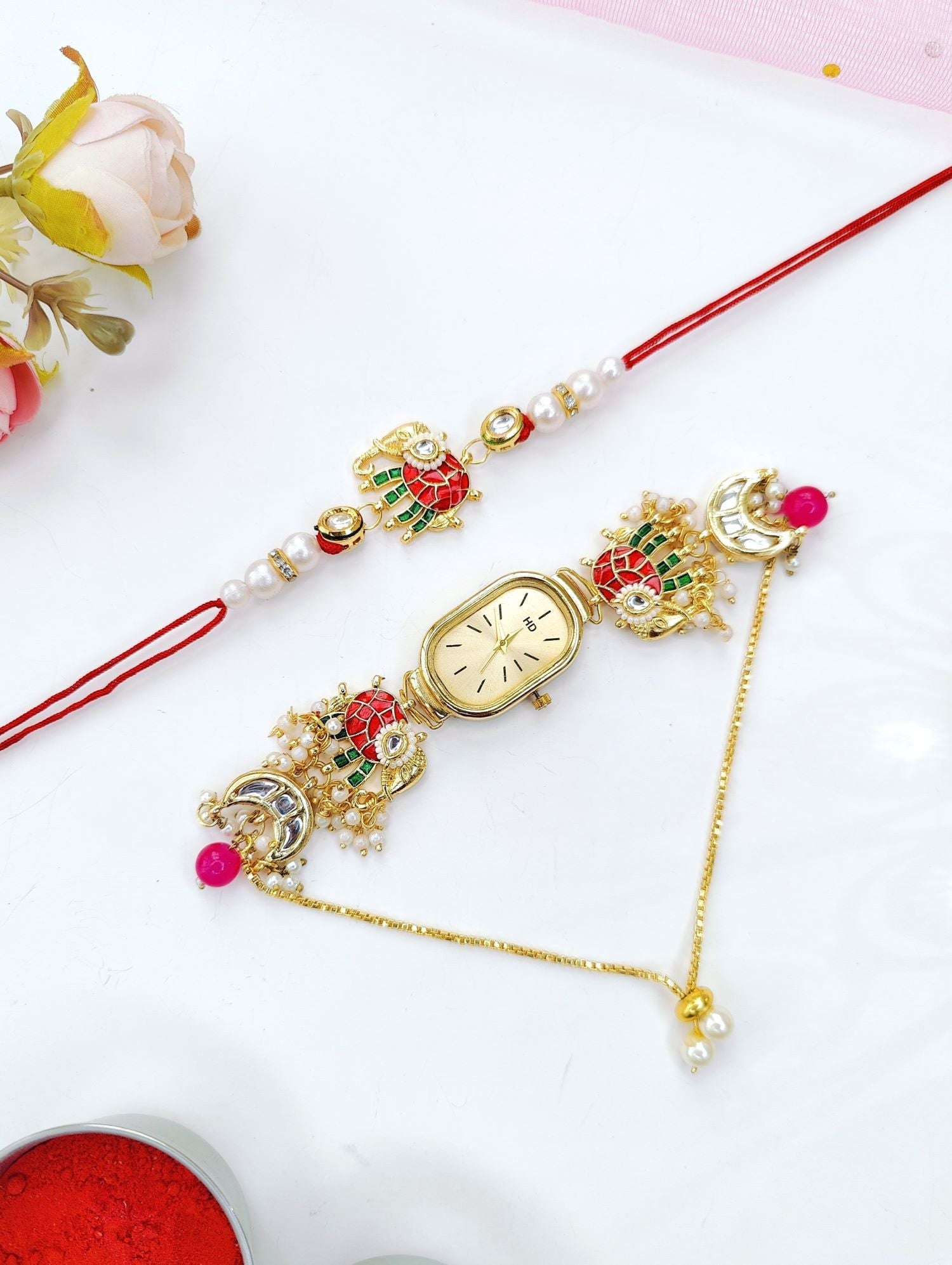 crescent moon rakhi combo set with elephant motif gold bracelet watch