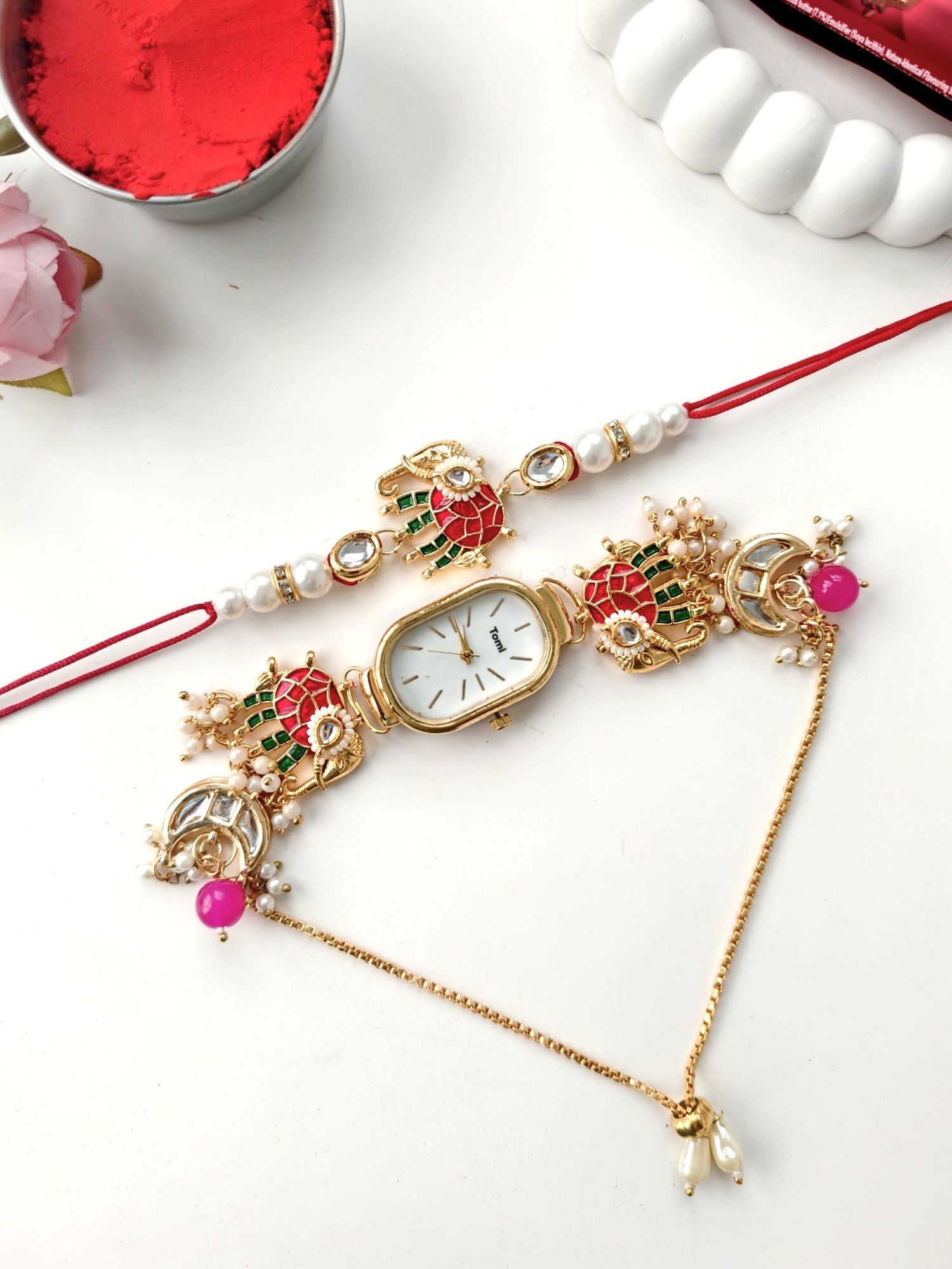 Ruby Green Kashmiri Rakhhi & Watch Set