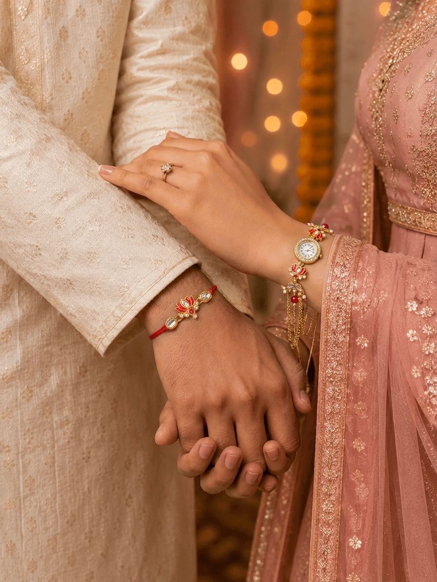 pink lotus rakhi with kundan and Kashmiri watch for bhaiya bhabhi