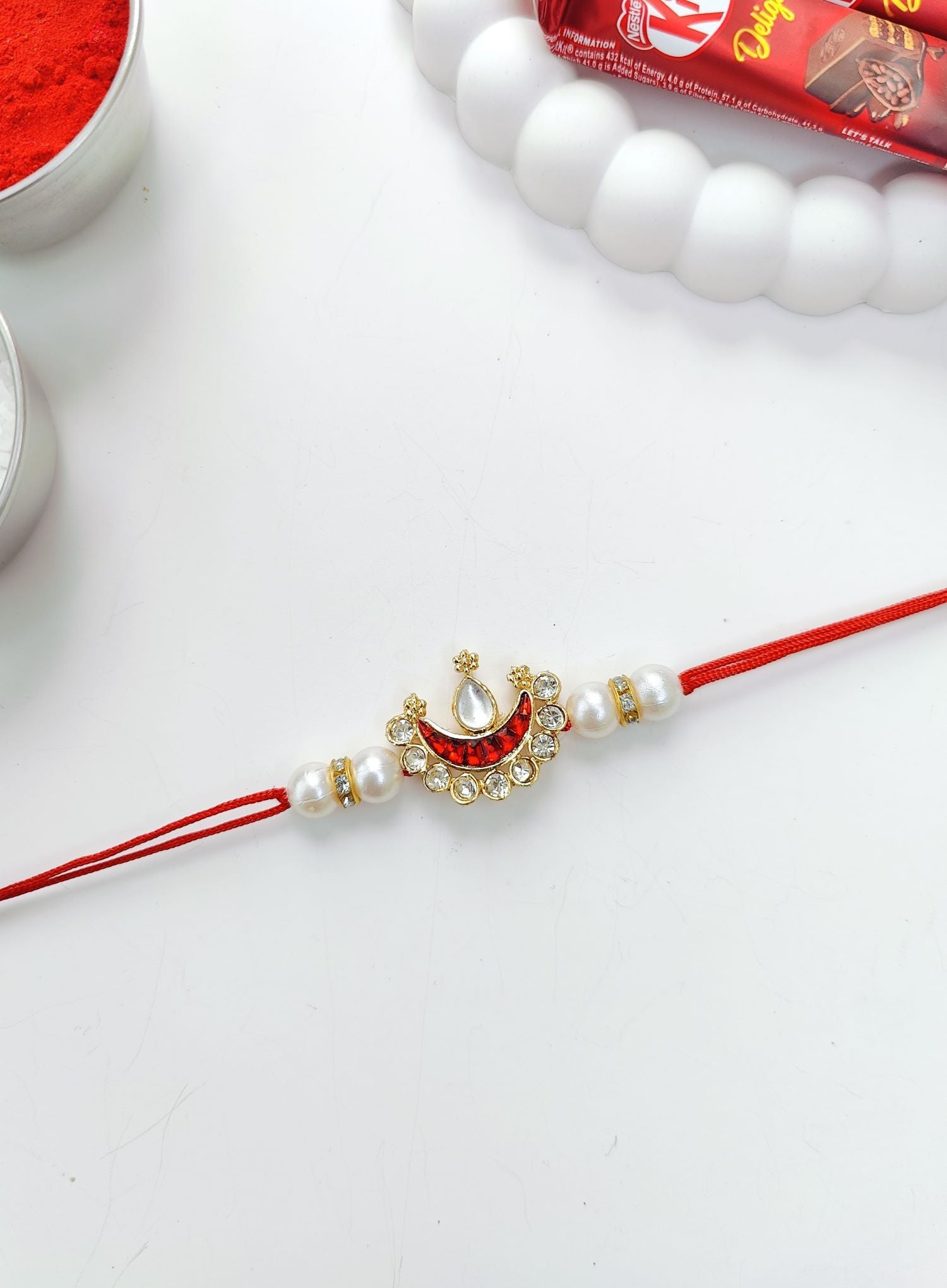 red crescent moon kundan rakhi 2026, handmade bhaiya bhabhi rakhi