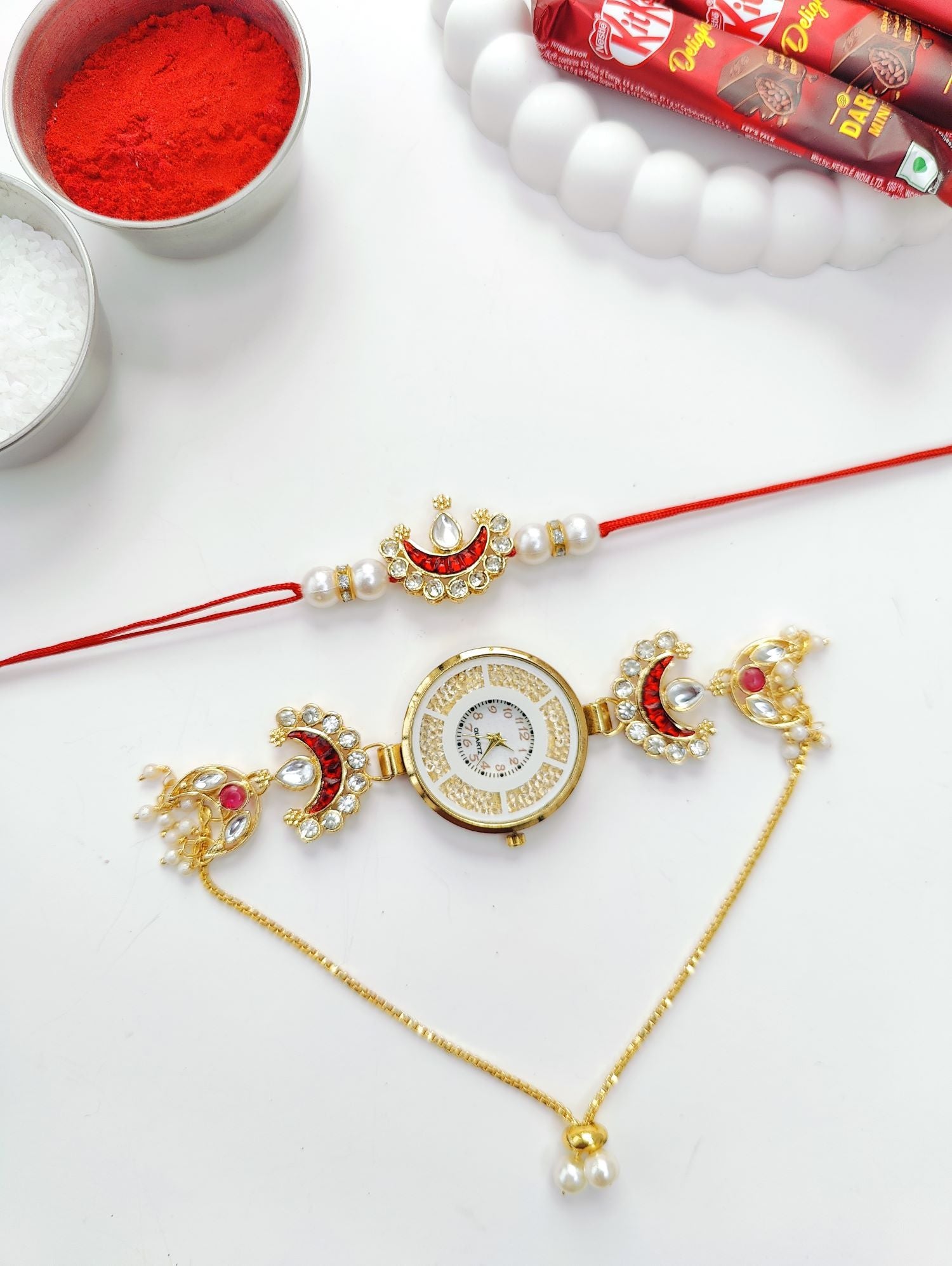red crescent moon kundan rakhi 2026, handmade bhaiya bhabhi rakhi