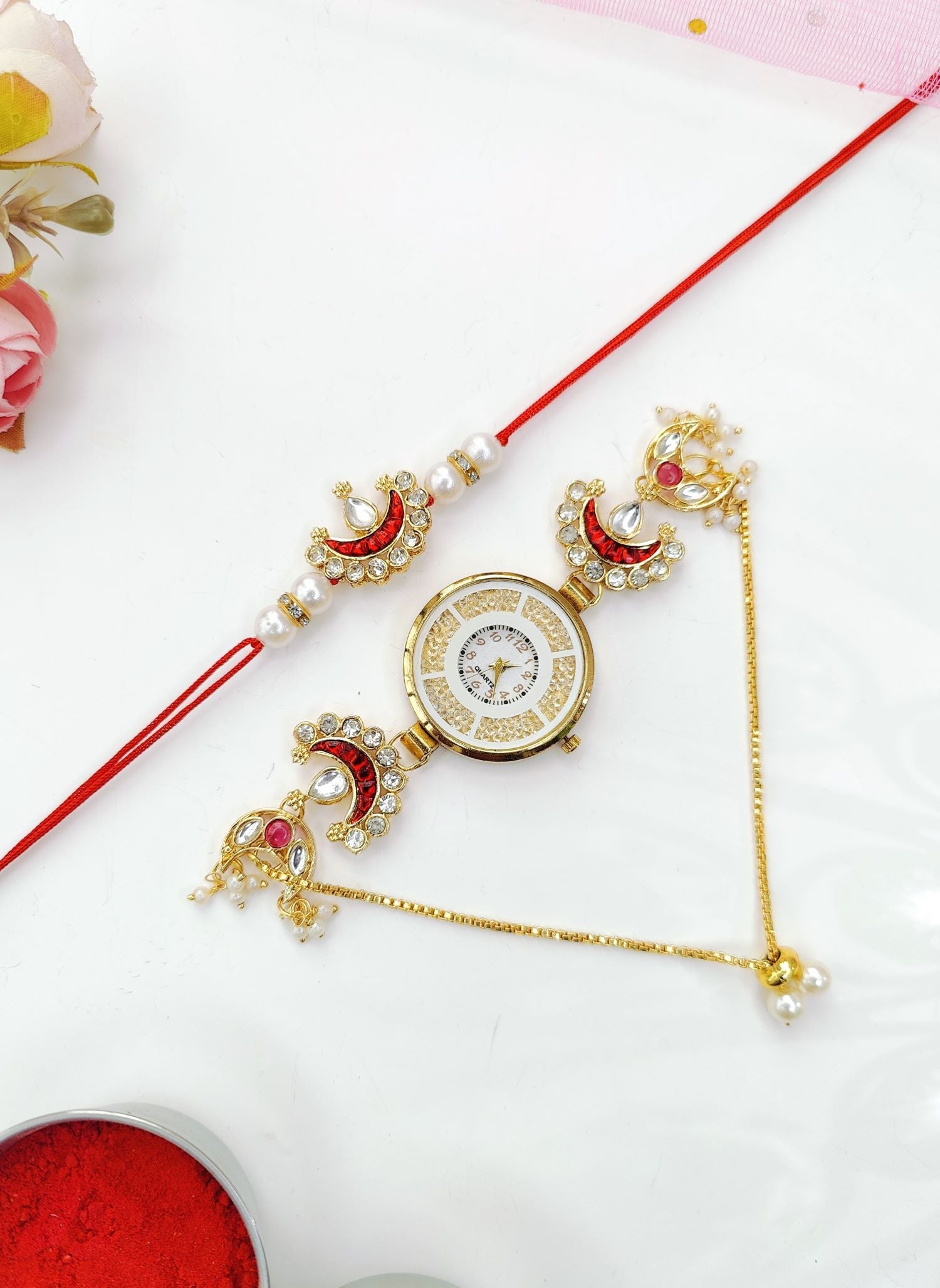 red crescent moon kundan rakhi 2026, handmade bhaiya bhabhi rakhi