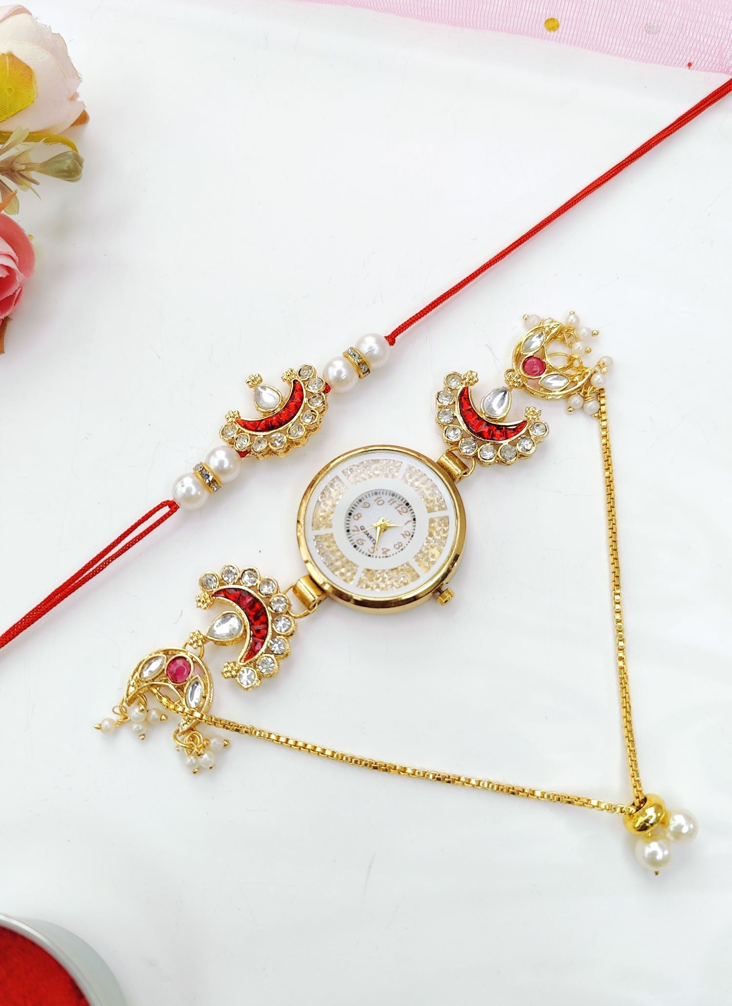 red crescent moon kundan rakhi 2026, handmade bhaiya bhabhi rakhi